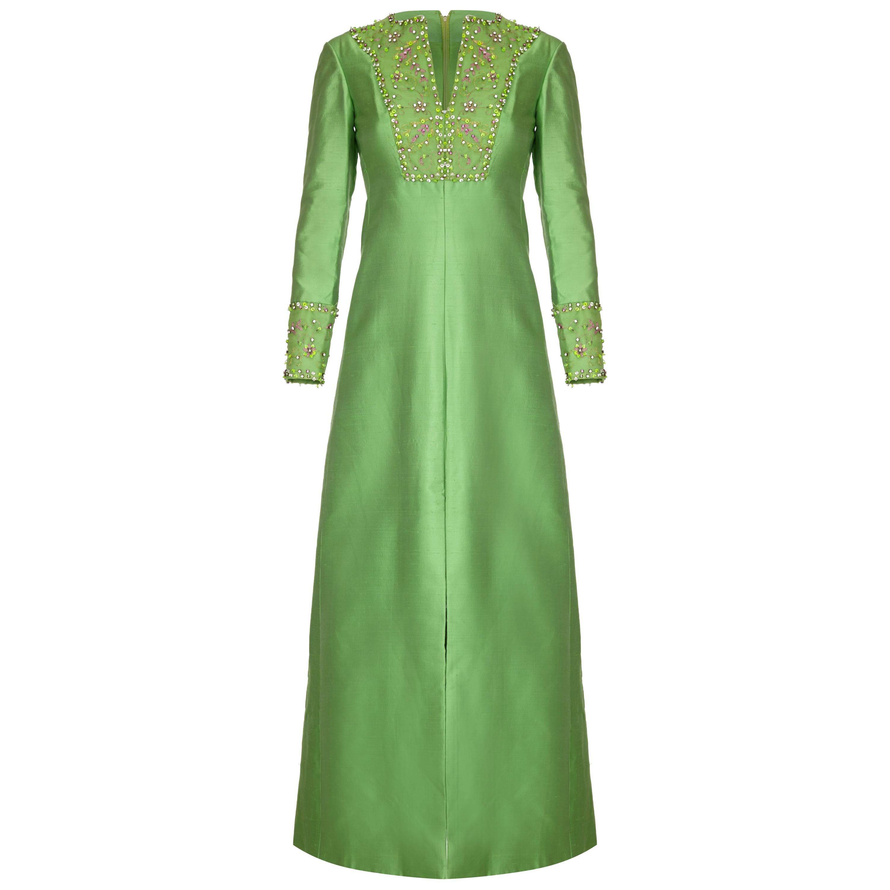 1960s Emerald Green Silk Gino Charles for Malcolm Starr Beaded Rhinestone Dress  For Sale