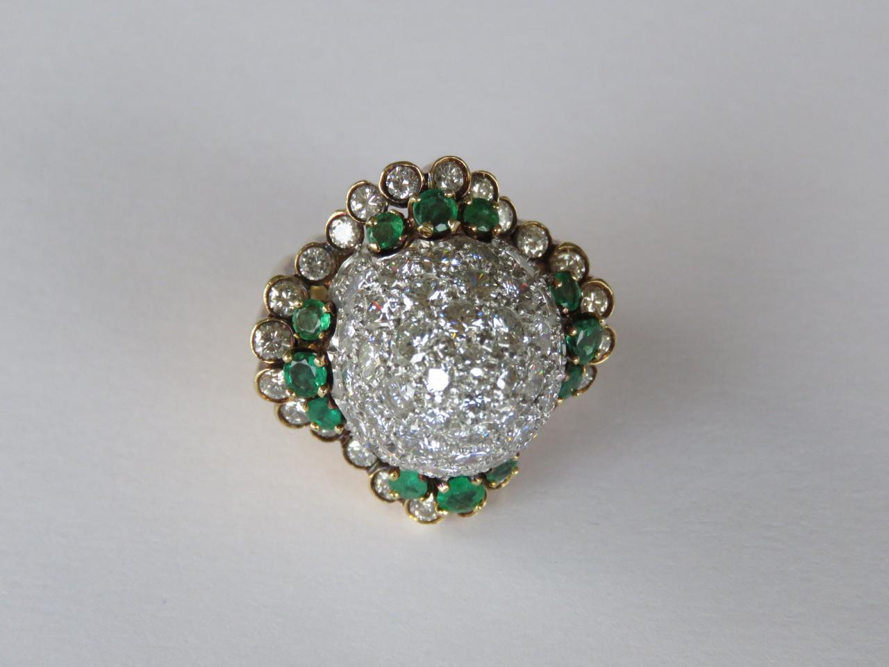 French Cut 1960s Emerald Platinum Gold Diamond Cocktail Ring For Sale