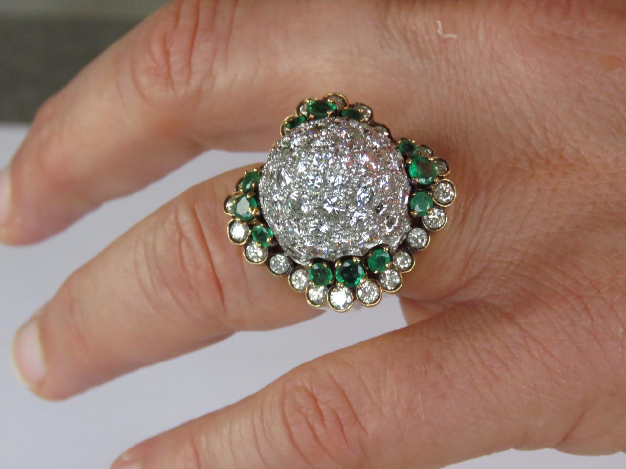 1960s Emerald Platinum Gold Diamond Cocktail Ring For Sale 1