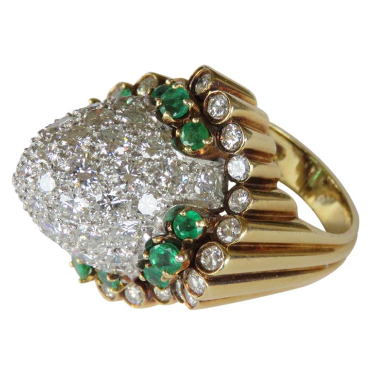 1960s Emerald Platinum Gold Diamond Cocktail Ring For Sale