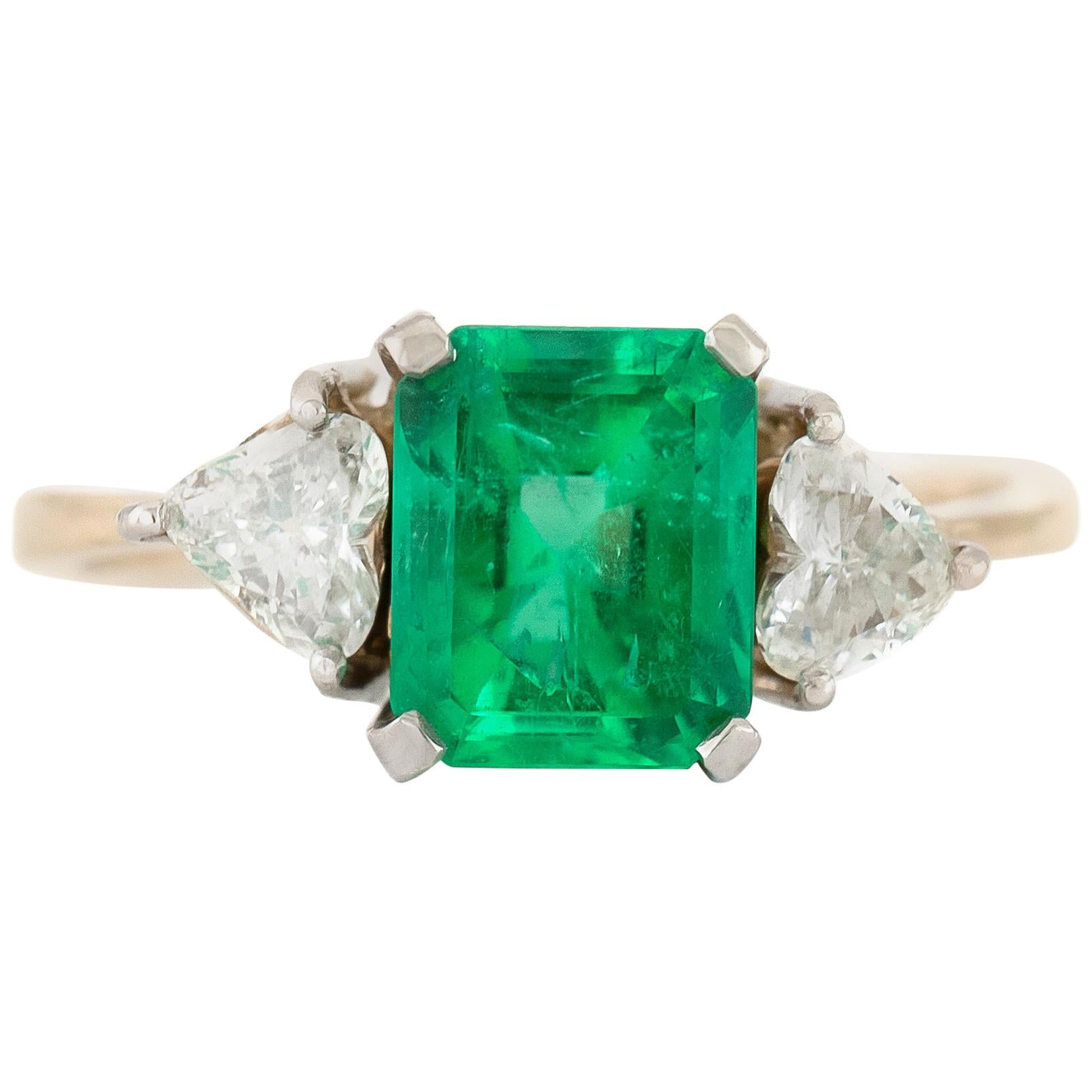 1960s Emerald with Two Heart Shape Diamonds Ring