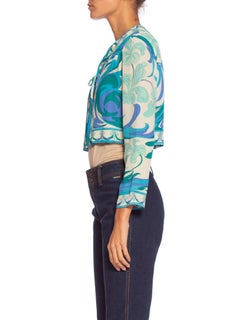 1960S EMILIO PUCCI Turquoise & White Silk Floral Psychedelic Cropped Jacket Top