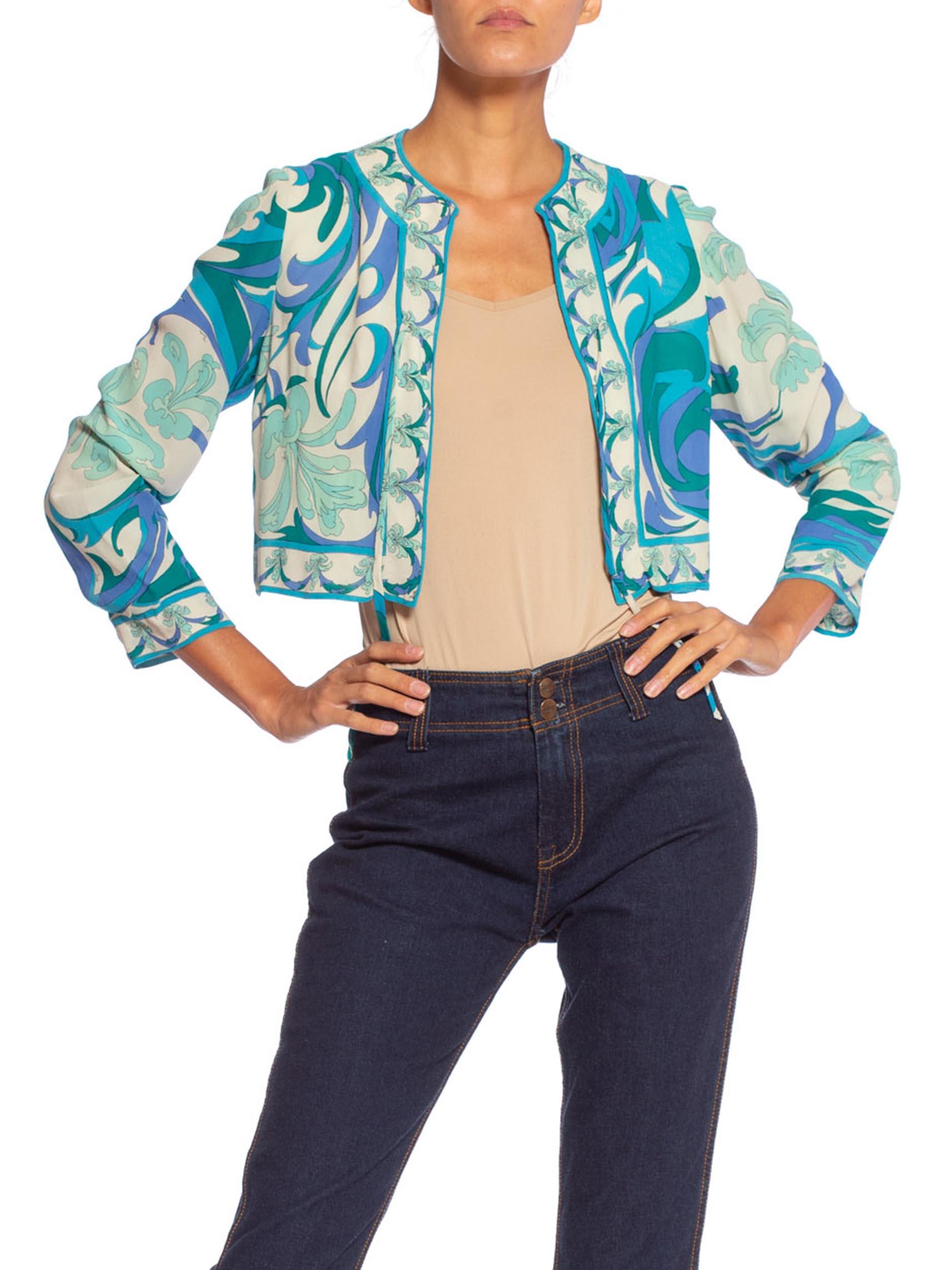 1960S EMILIO PUCCI Turquoise & White Silk Floral Psychedelic Cropped Jacket Top In Excellent Condition In New York, NY