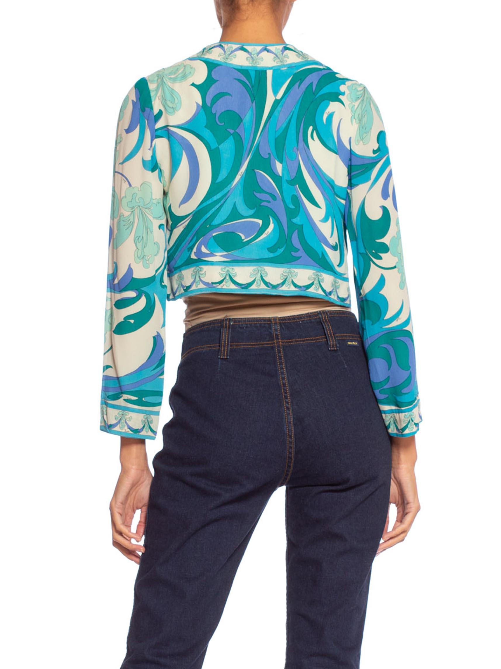 Women's 1960S EMILIO PUCCI Turquoise & White Silk Floral Psychedelic Cropped Jacket Top