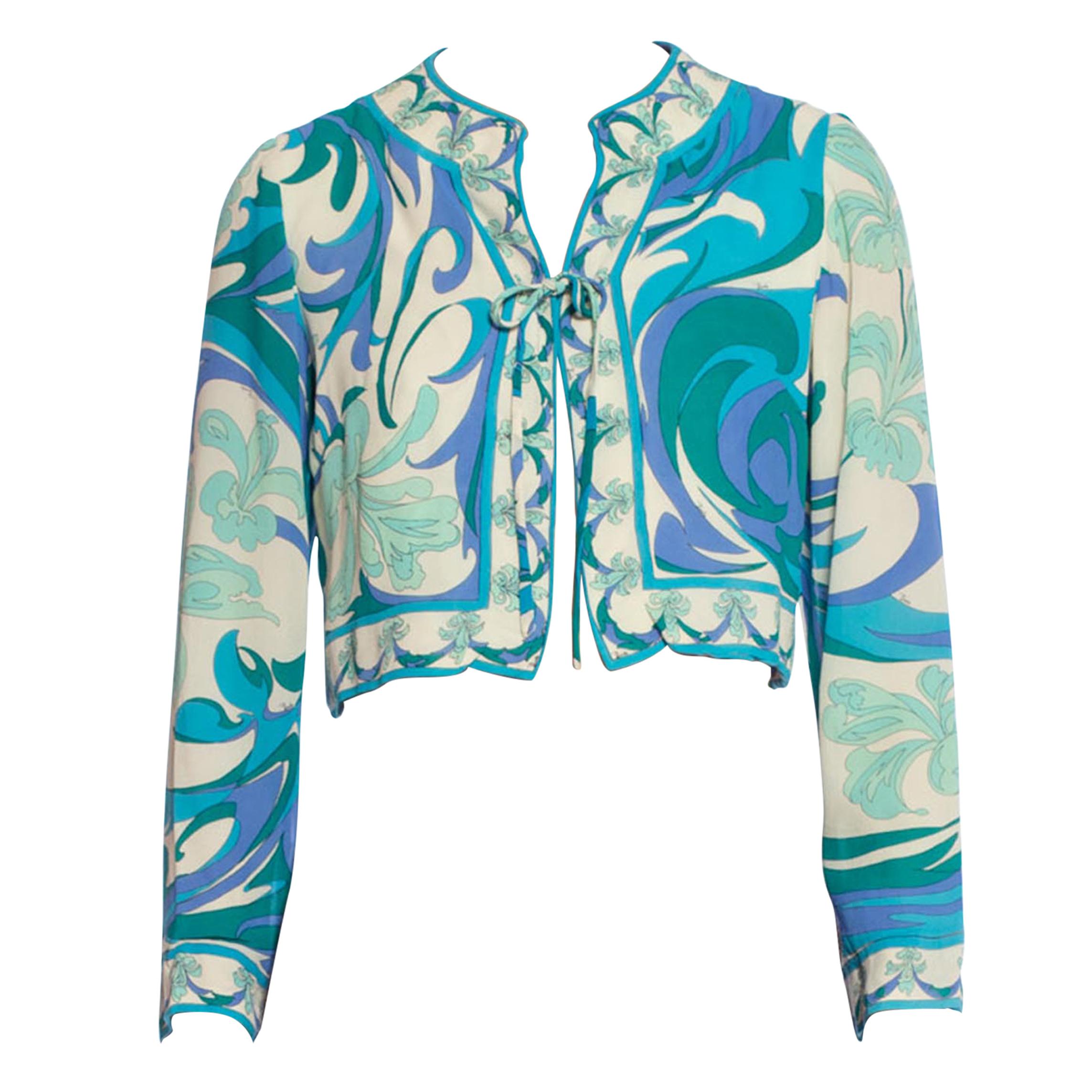 1960S EMILIO PUCCI Turquoise & White Silk Floral Psychedelic Cropped Jacket Top
