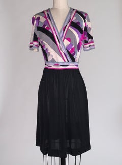 1960s Emilio Pucci Black, Purple and Grey Silk Pucci Print Short Sleeve Dress