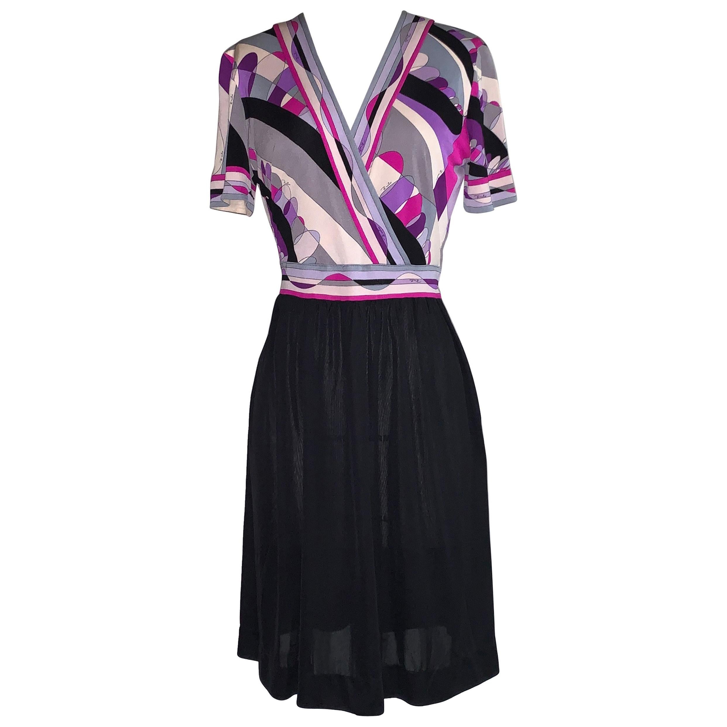 1960s Emilio Pucci Black, Purple and Grey Silk Pucci Print Short Sleeve Dress  For Sale