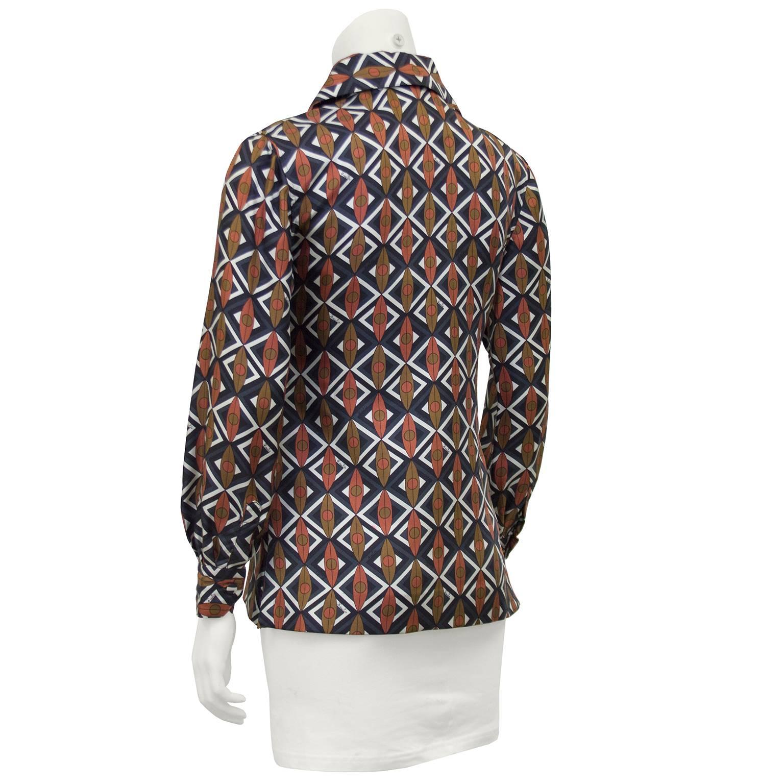 Black 1960s Emilio Pucci Brown and Navy Blue Printed Silk Blouse 