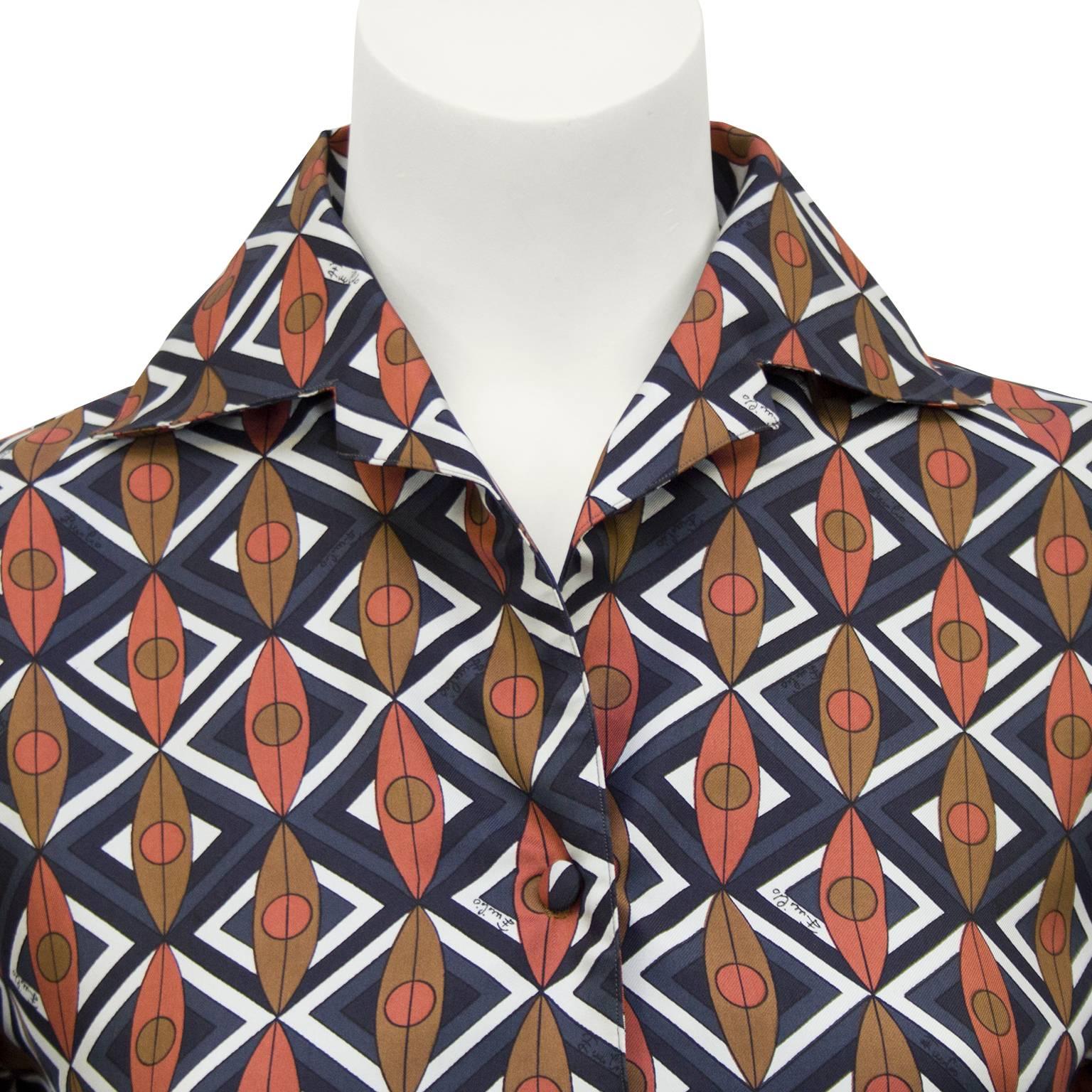 1960s Emilio Pucci Brown and Navy Blue Printed Silk Blouse  In Excellent Condition In Toronto, Ontario