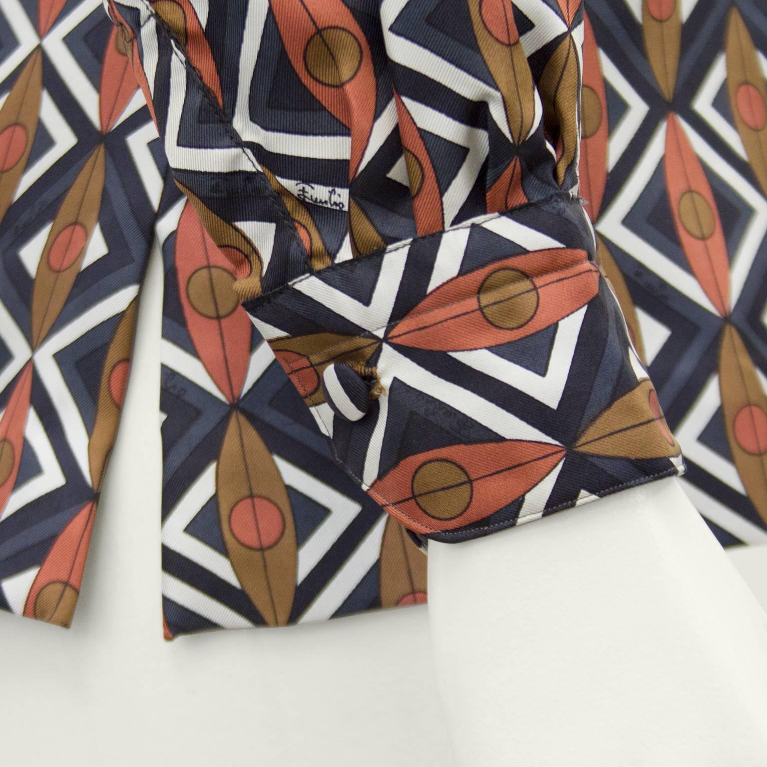 Women's 1960s Emilio Pucci Brown and Navy Blue Printed Silk Blouse 