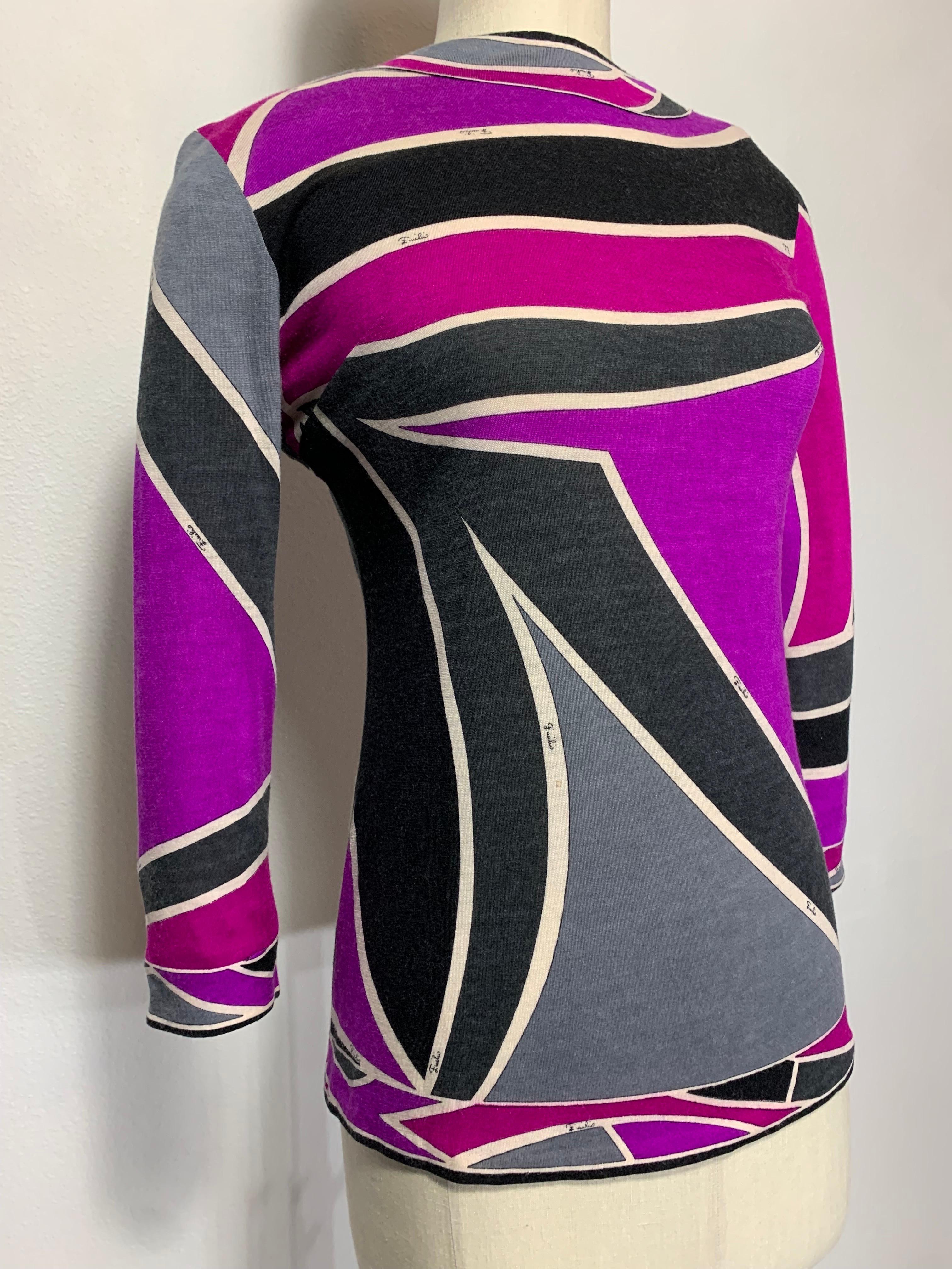 1960s Emilio Pucci Cashmere & Silk Graphic Print Knit Pullover Sweater:  A hard-to-find cashmere blend fine-knit sweater from the iconic Mod print-master!  In fuchsia, grape, gray, black and white with a banded neck, cuffs and hem. Long invisible