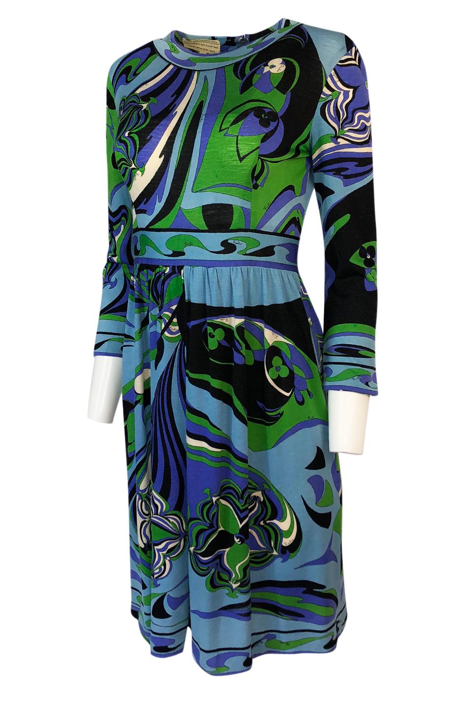 1960s Emilio Pucci Cashmere & Silk Purple & Green Classic Print Dress (Blau)