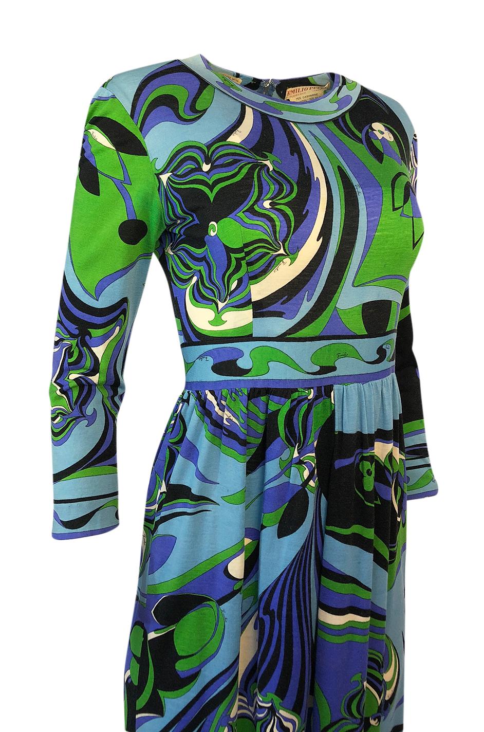 1960s Emilio Pucci Cashmere & Silk Purple & Green Classic Print Dress 2