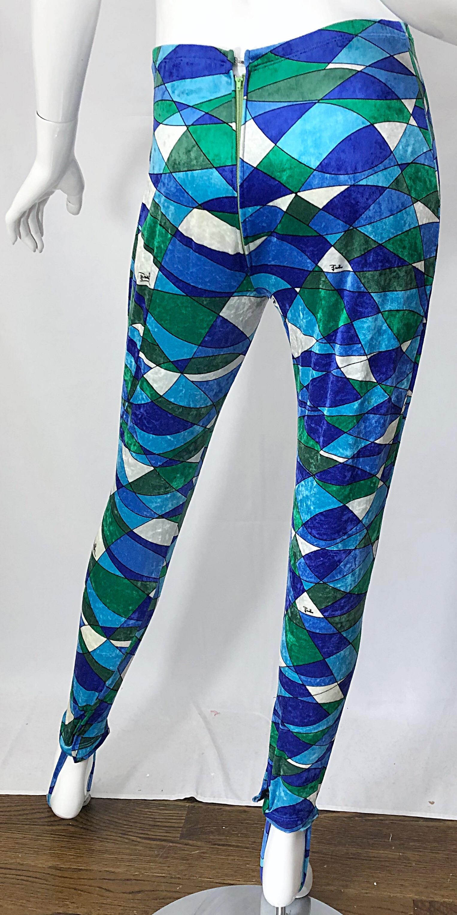 1960s Emilio Pucci Crushed Velour Blue + Green Kaleidoscope 60s Stirrup Pants For Sale 3