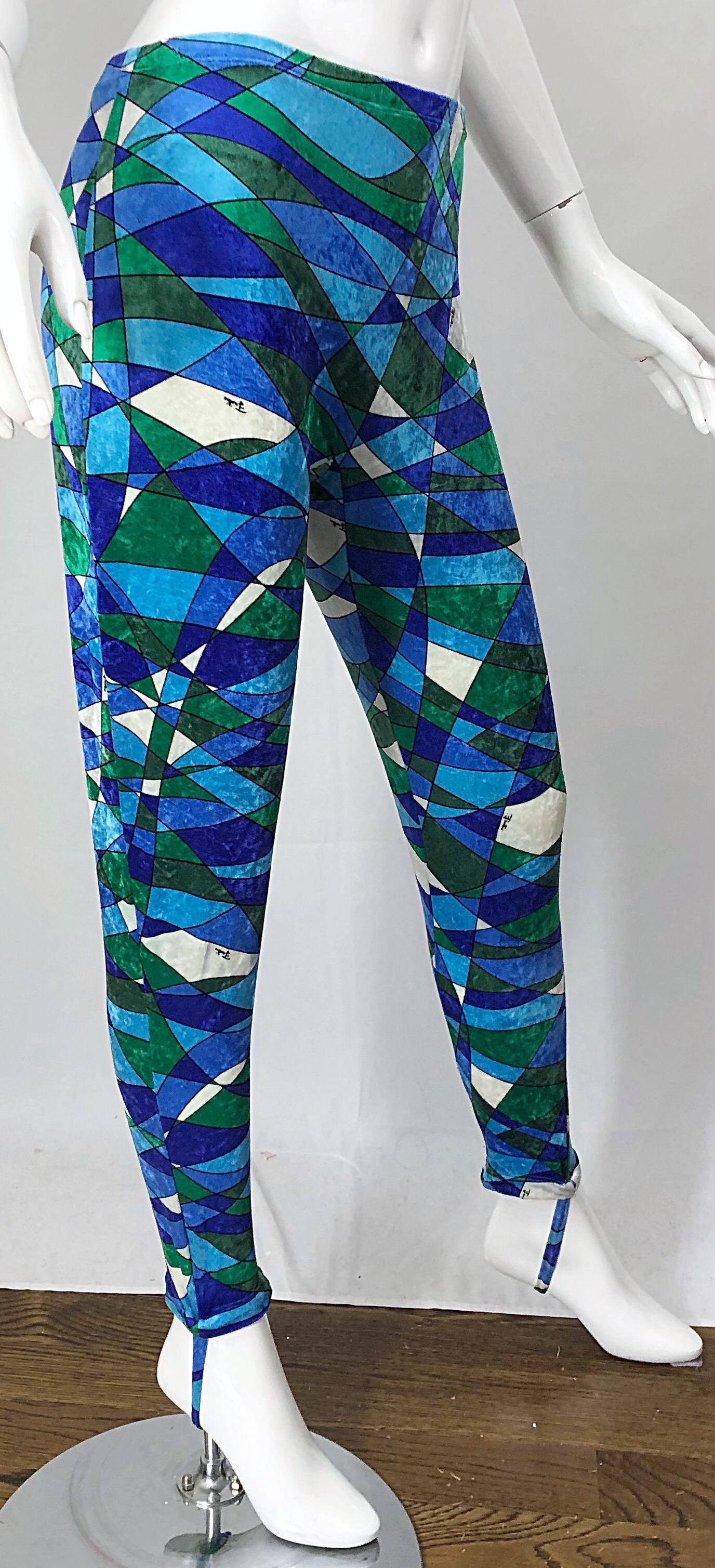 1960s Emilio Pucci Crushed Velour Blue + Green Kaleidoscope 60s Stirrup Pants For Sale 4