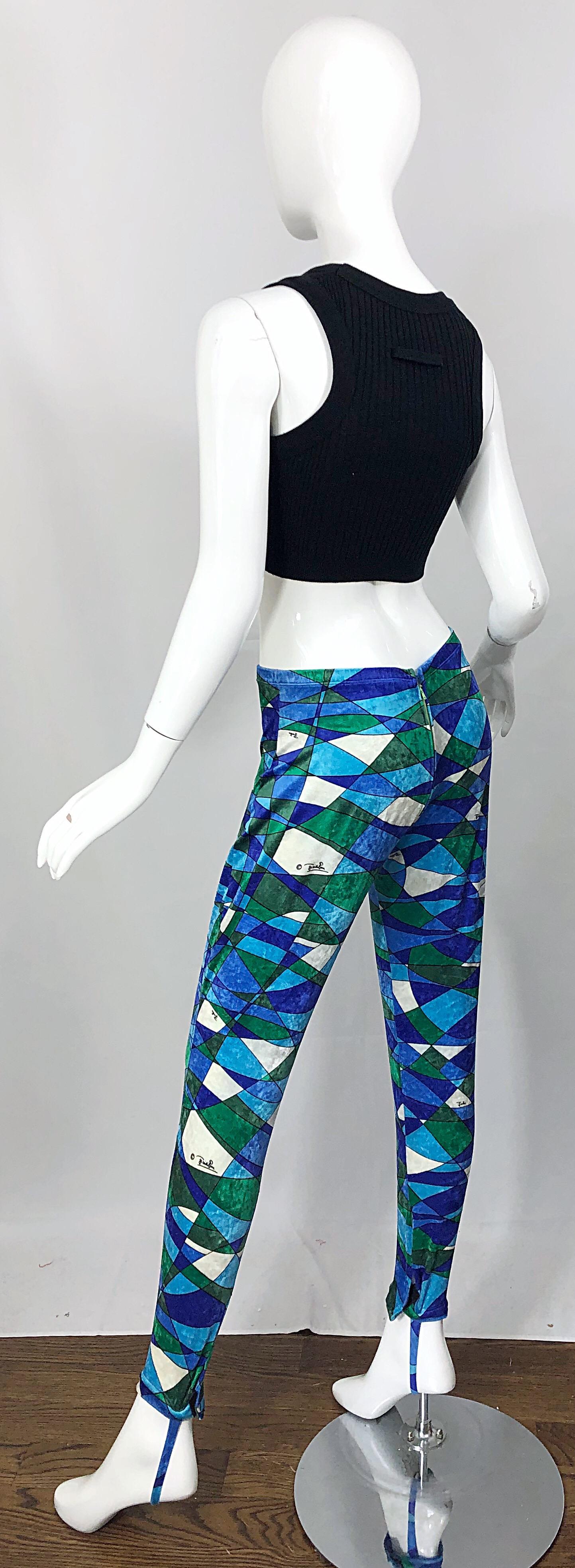 1960s Emilio Pucci Crushed Velour Blue + Green Kaleidoscope 60s Stirrup Pants For Sale 5
