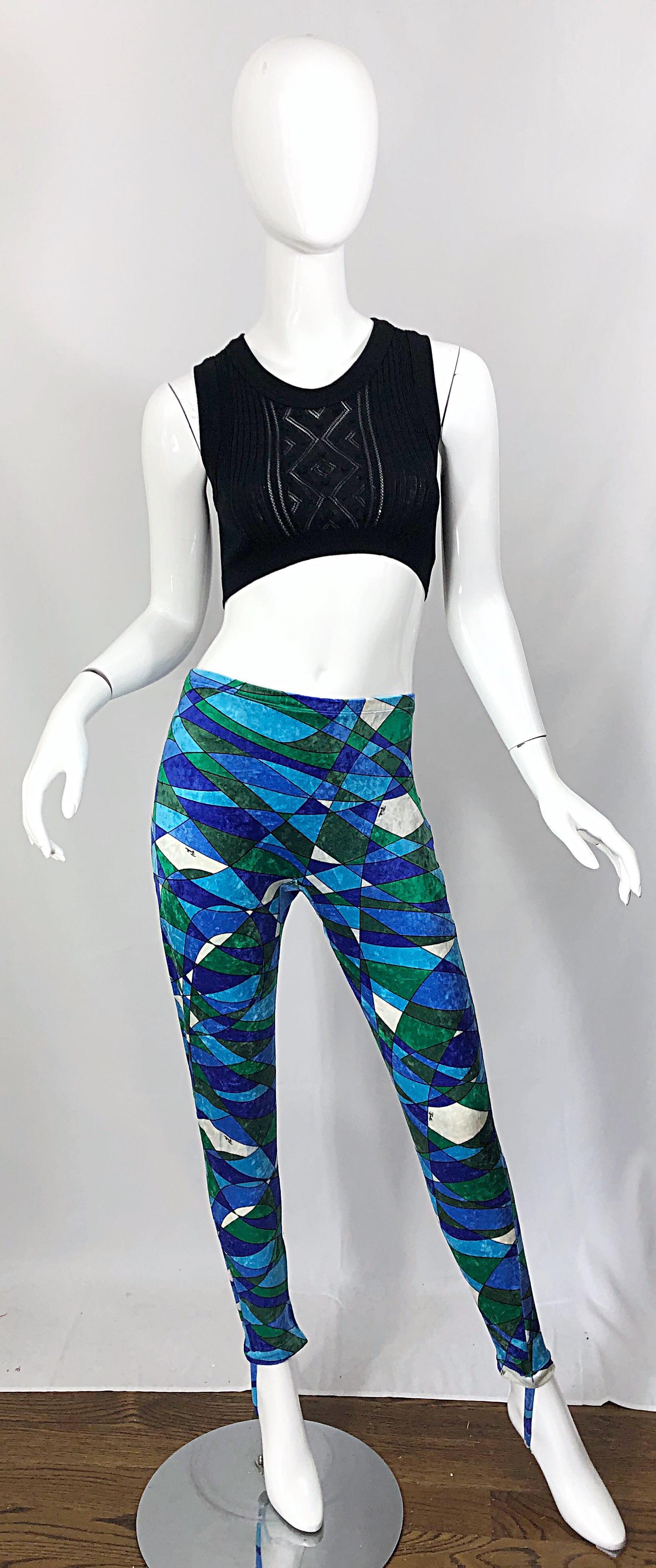 1960s Emilio Pucci Crushed Velour Blue + Green Kaleidoscope 60s Stirrup Pants For Sale 6