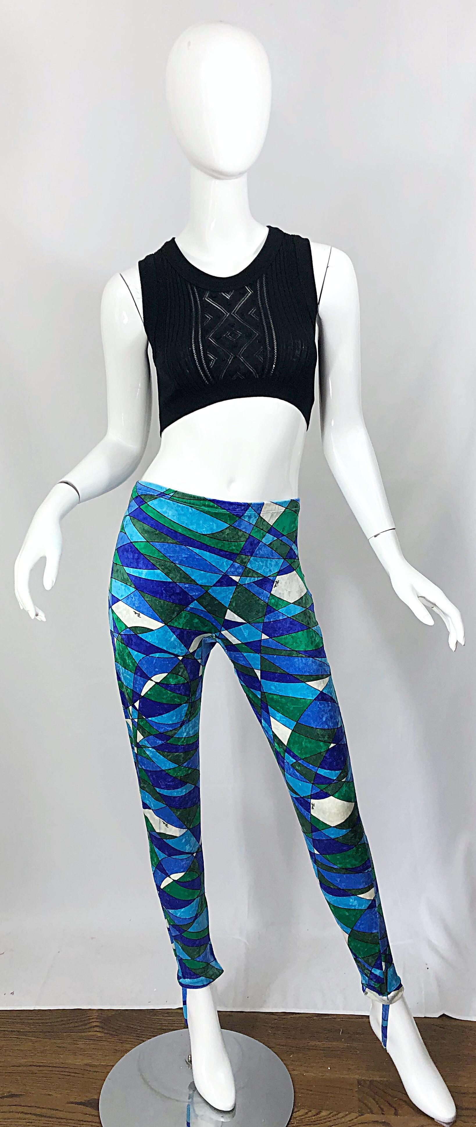 MUSUEM PIECE! Rare 1960s vintage EMILIO PUCCI signature kaleidoscope print crushed velour stirrup pants! Features the classic Pucci signature throughout. Hidden velcro leg closures at the hem. Metal zipper up the back with hook-and-eye closure. Made