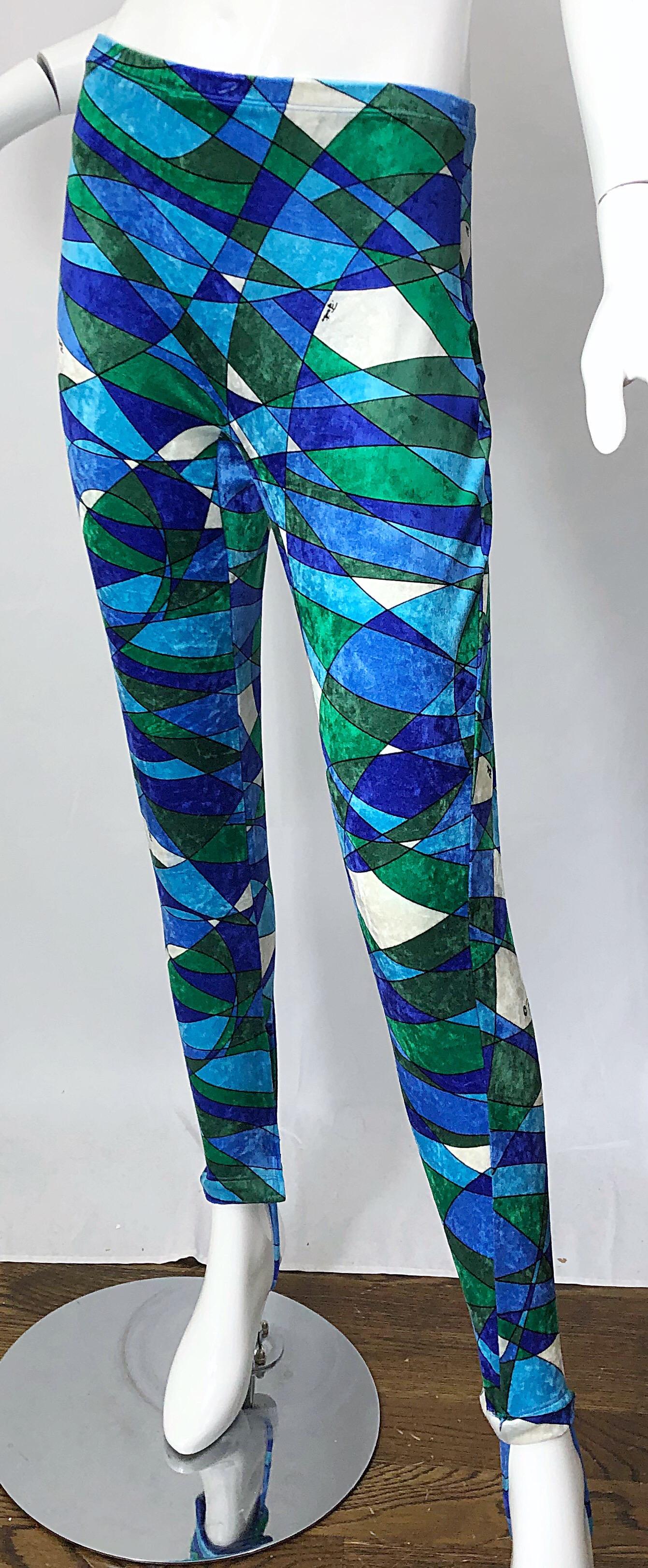Women's 1960s Emilio Pucci Crushed Velour Blue + Green Kaleidoscope 60s Stirrup Pants For Sale