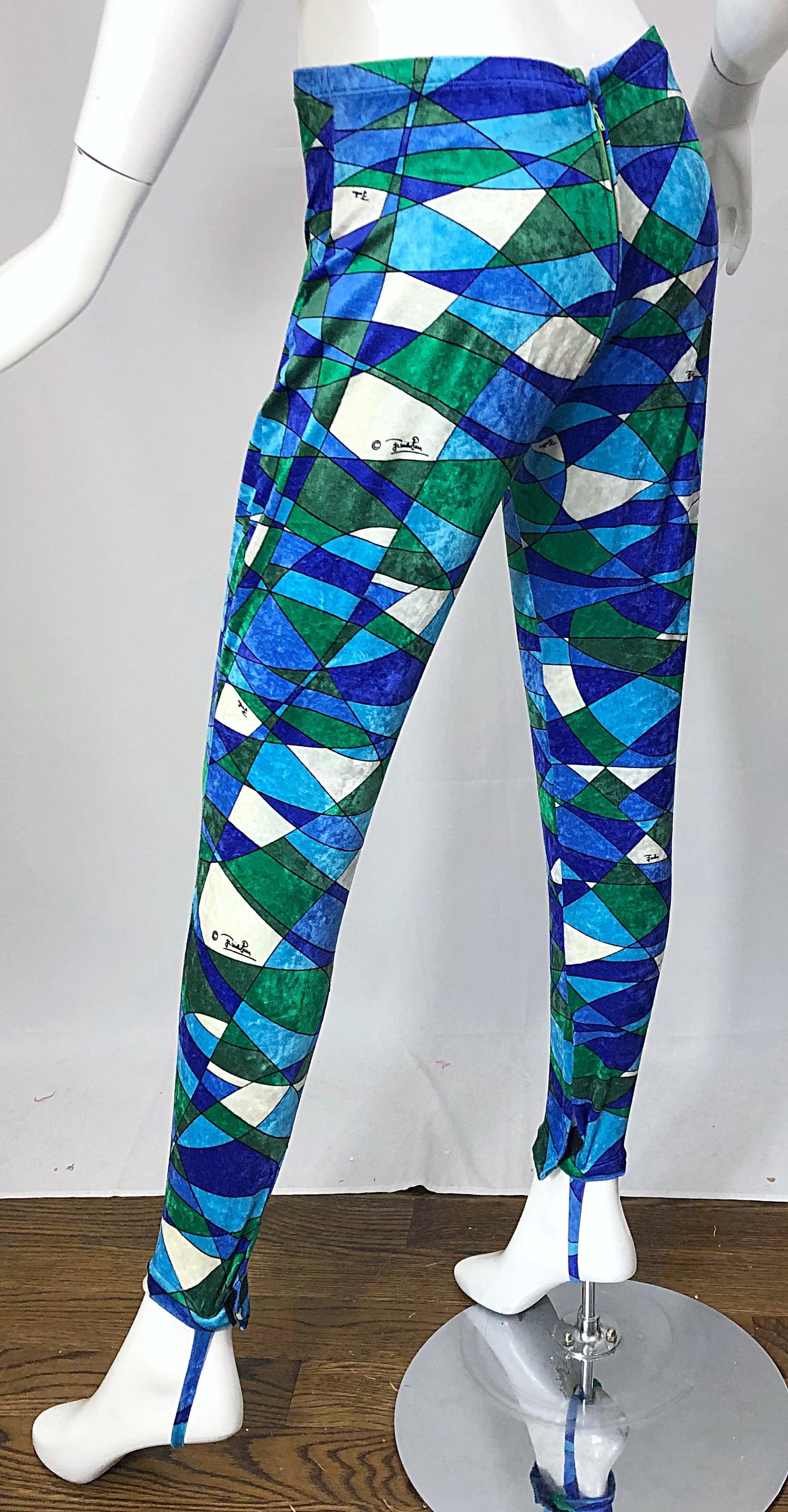 1960s Emilio Pucci Crushed Velour Blue + Green Kaleidoscope 60s Stirrup Pants For Sale 1