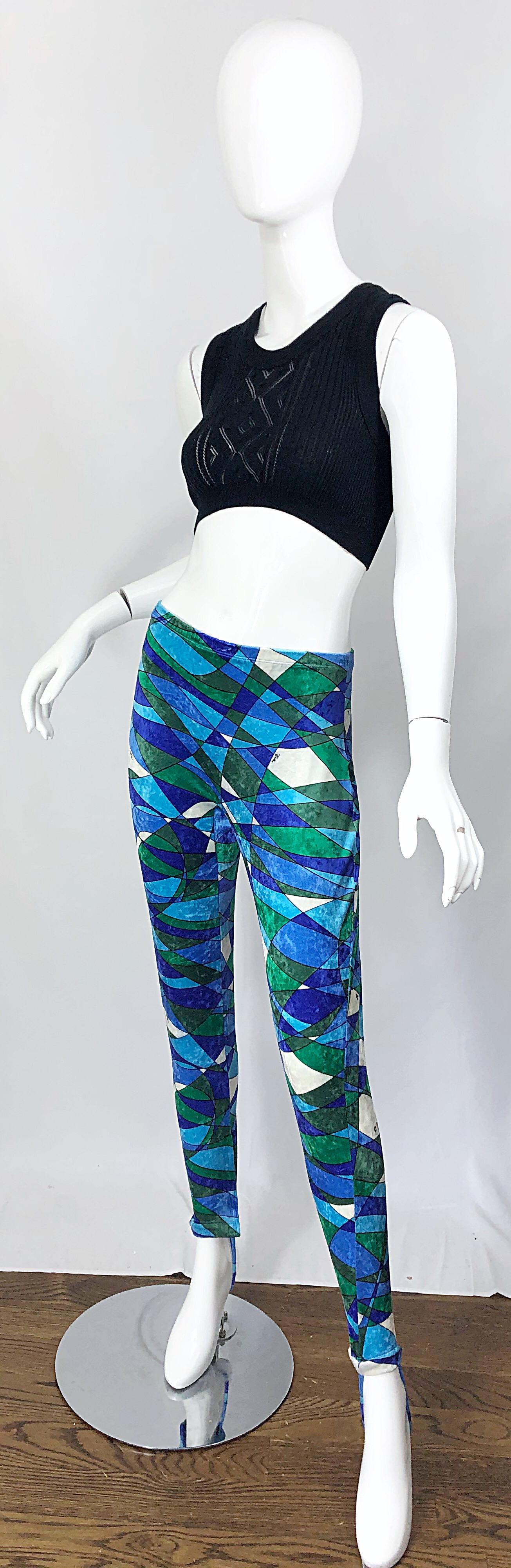 1960s Emilio Pucci Crushed Velour Blue + Green Kaleidoscope 60s Stirrup Pants For Sale 2