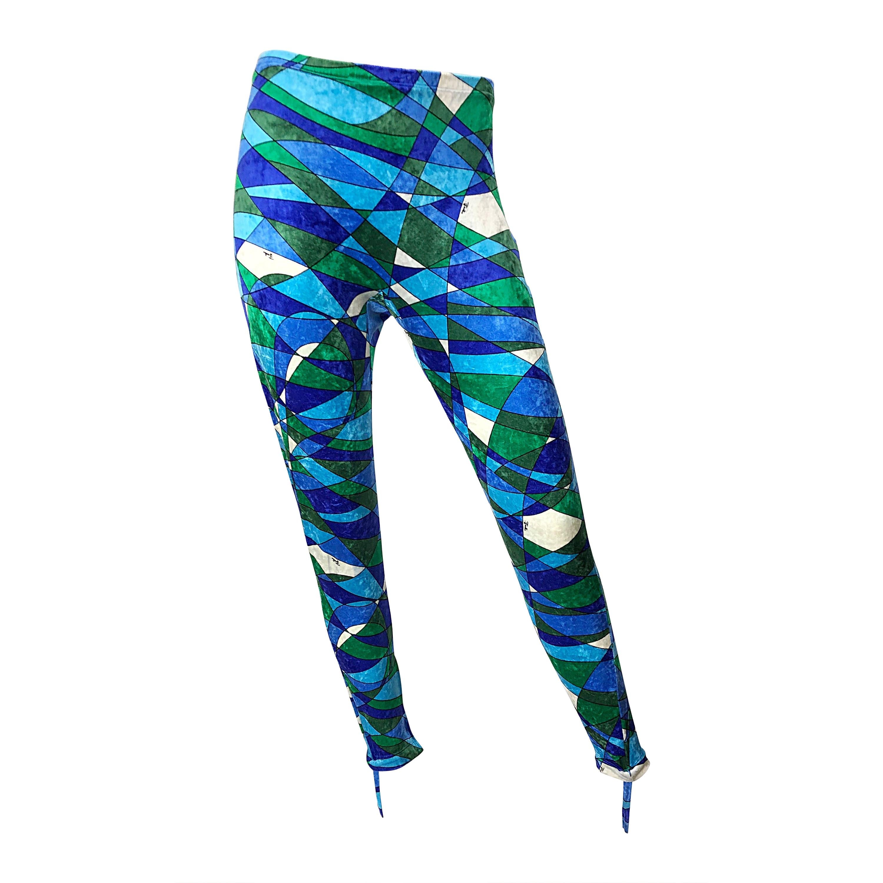 1960s Emilio Pucci Crushed Velour Blue + Green Kaleidoscope 60s Stirrup Pants For Sale
