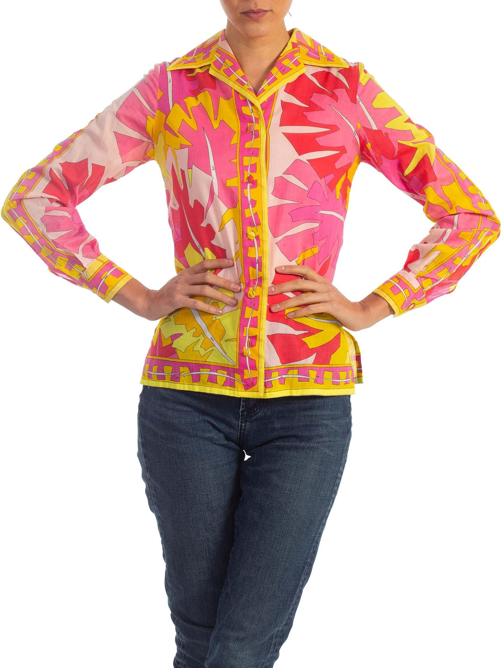 1960'S EMILIO PUCCI Hot Pink & Yellow Cotton Voile Blouse 1