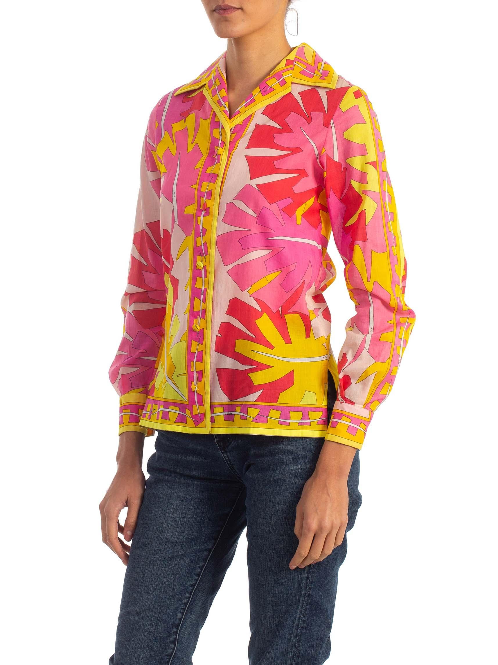 1960'S EMILIO PUCCI Hot Pink & Yellow Cotton Voile Blouse 2