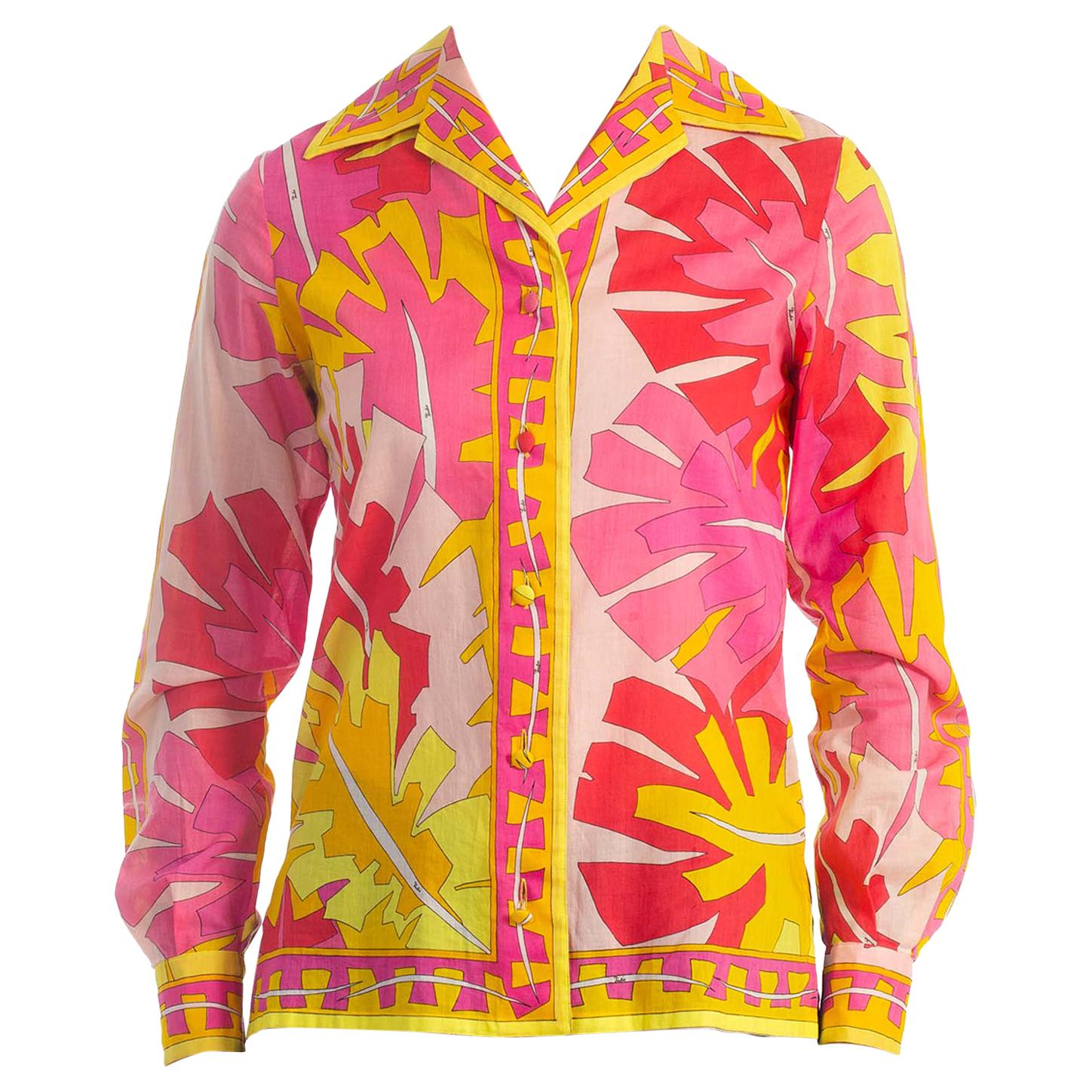 1960'S EMILIO PUCCI Hot Pink & Yellow Cotton Voile Blouse