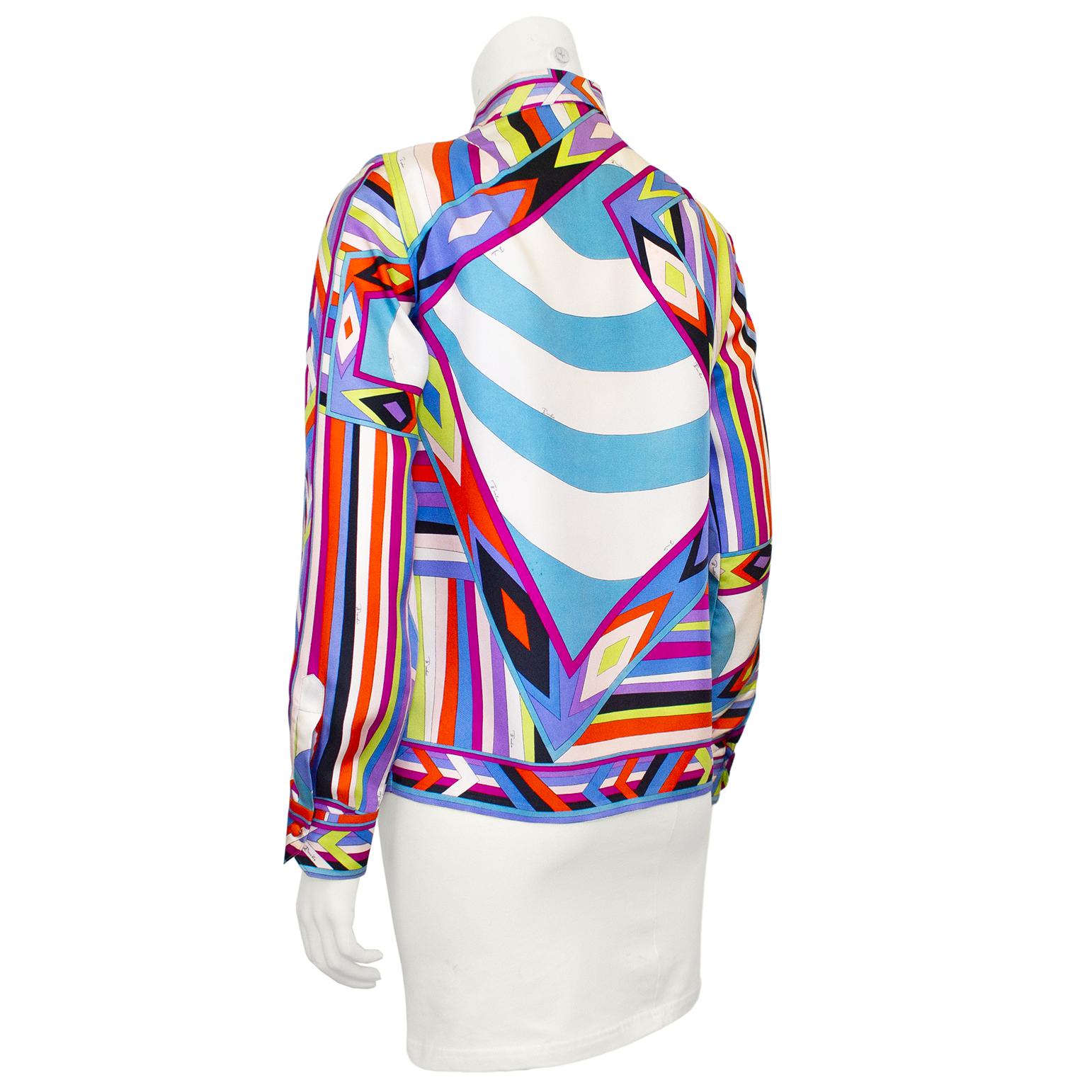 1960s Emilio Pucci Geometric Rainbow Printed Silk Shirt  In Good Condition For Sale In Toronto, Ontario