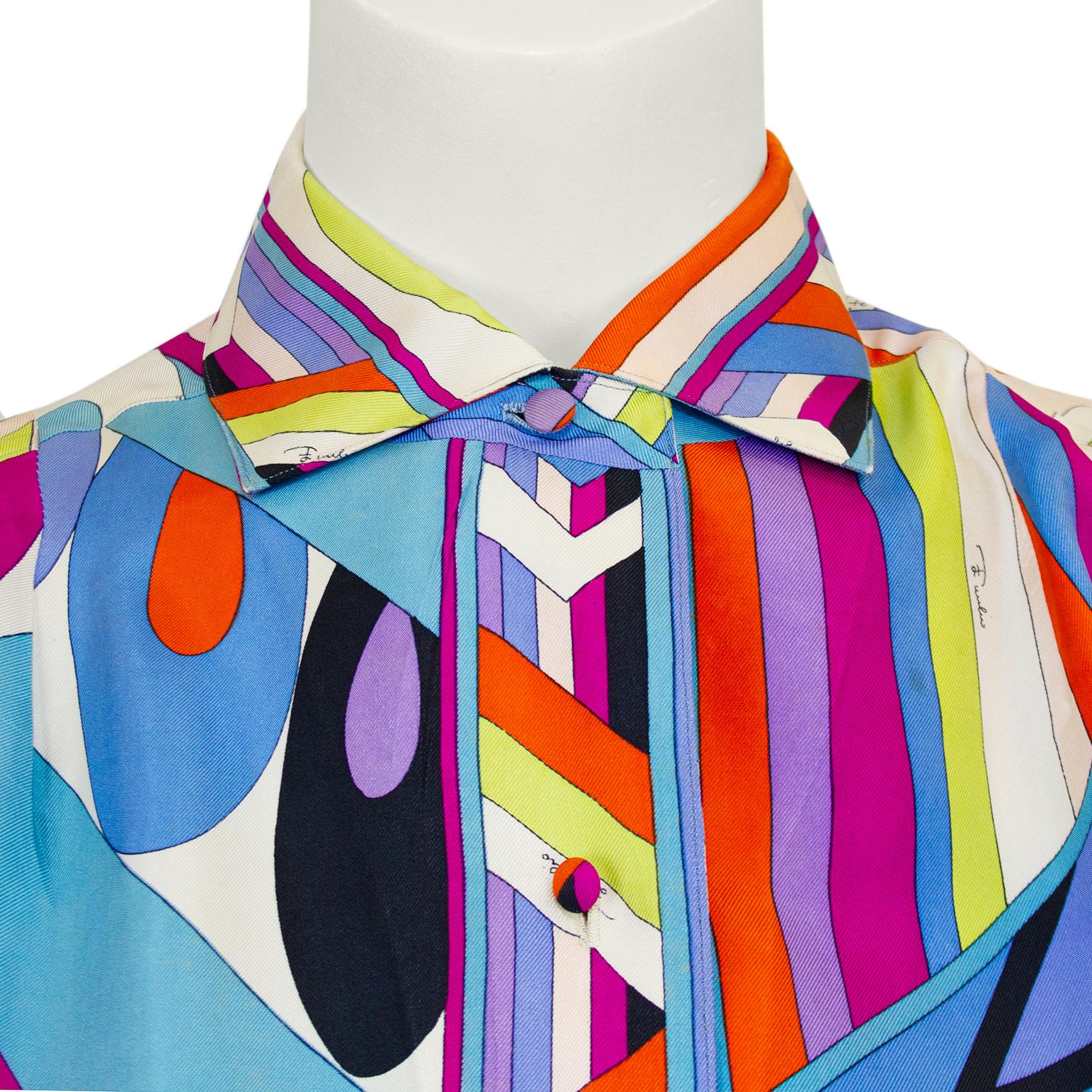 Women's 1960s Emilio Pucci Geometric Rainbow Printed Silk Shirt  For Sale