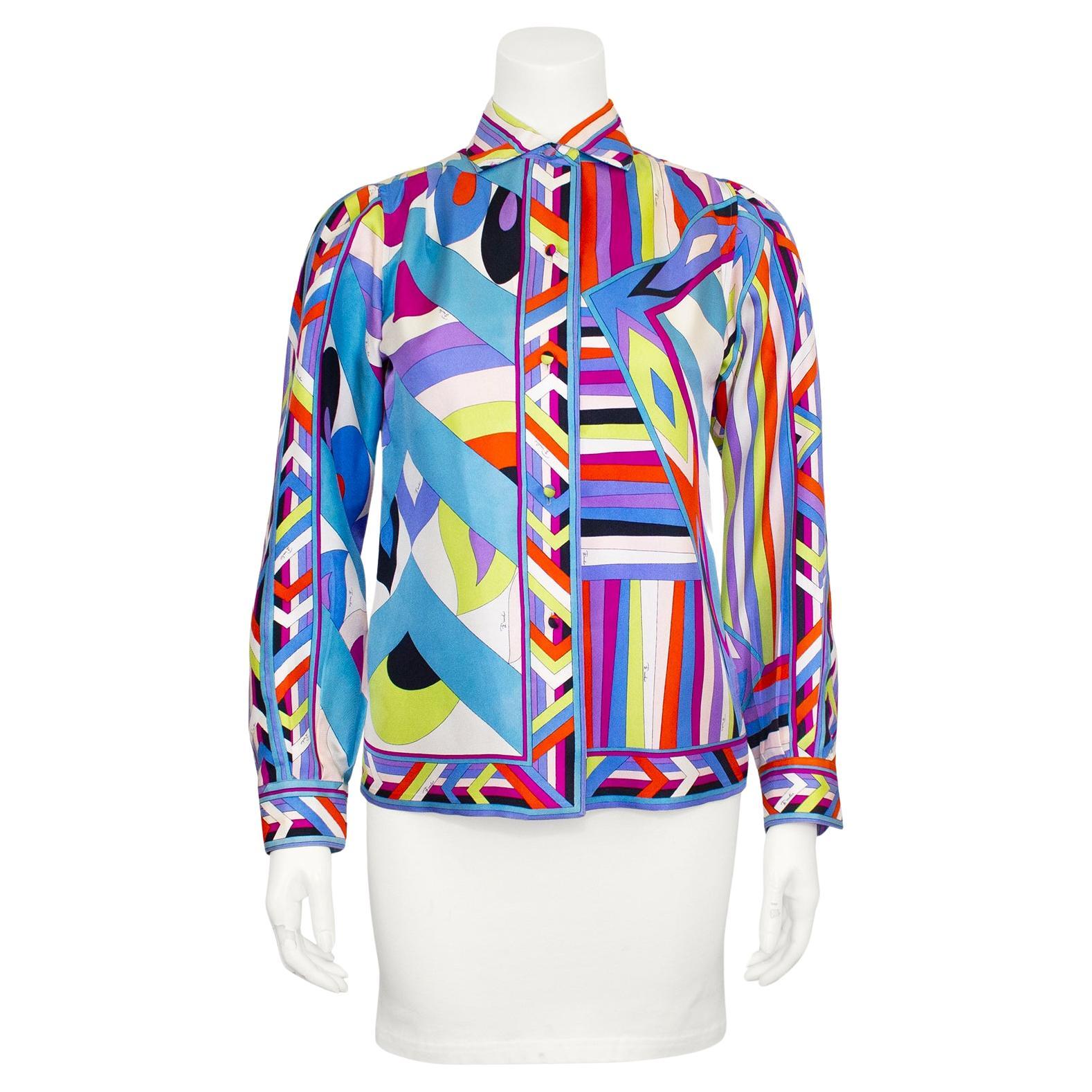 1960s Emilio Pucci Geometric Rainbow Printed Silk Shirt  For Sale