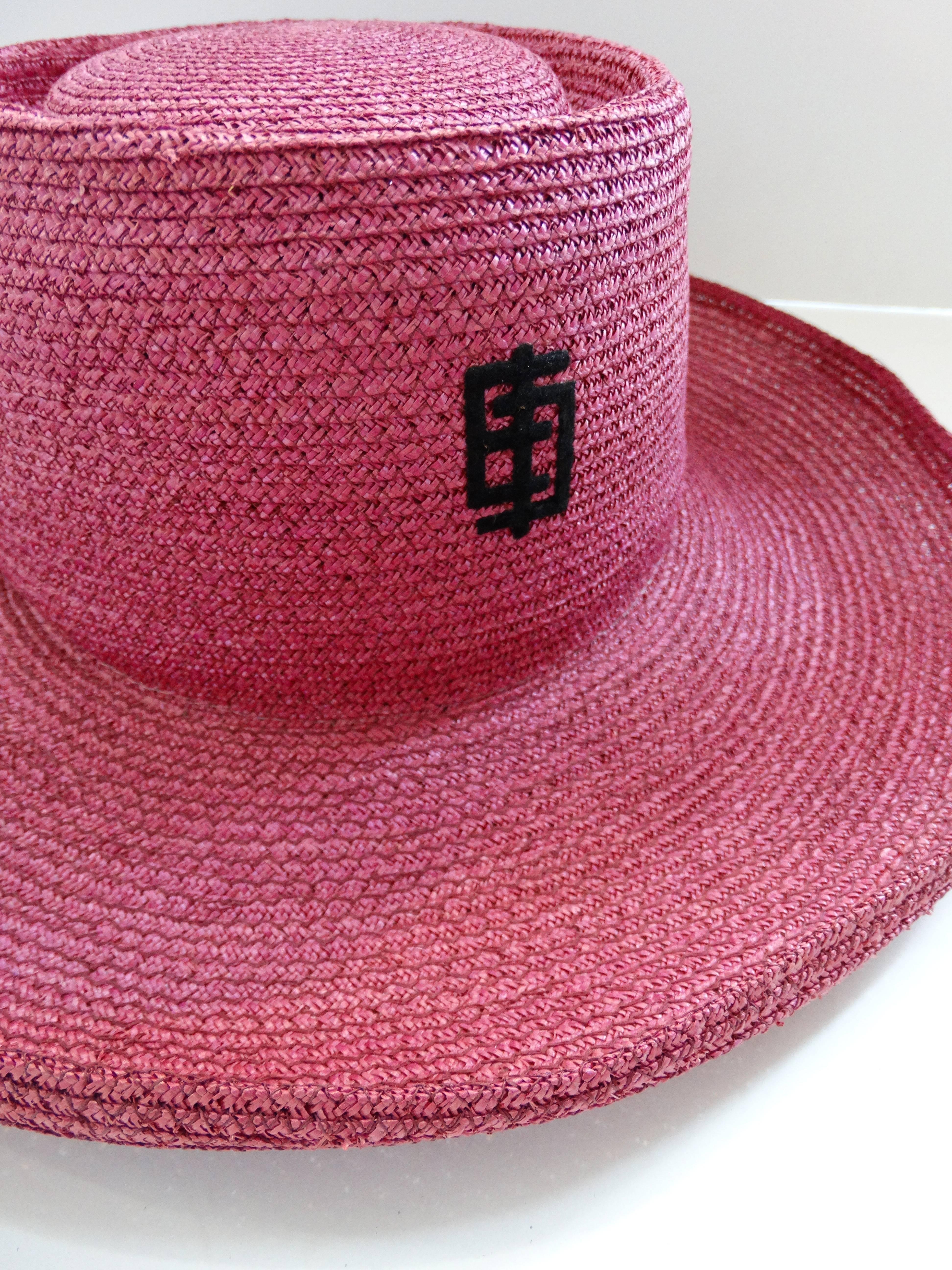 Brown 1960s Emilio Pucci Magenta Raffia Boater Hat 