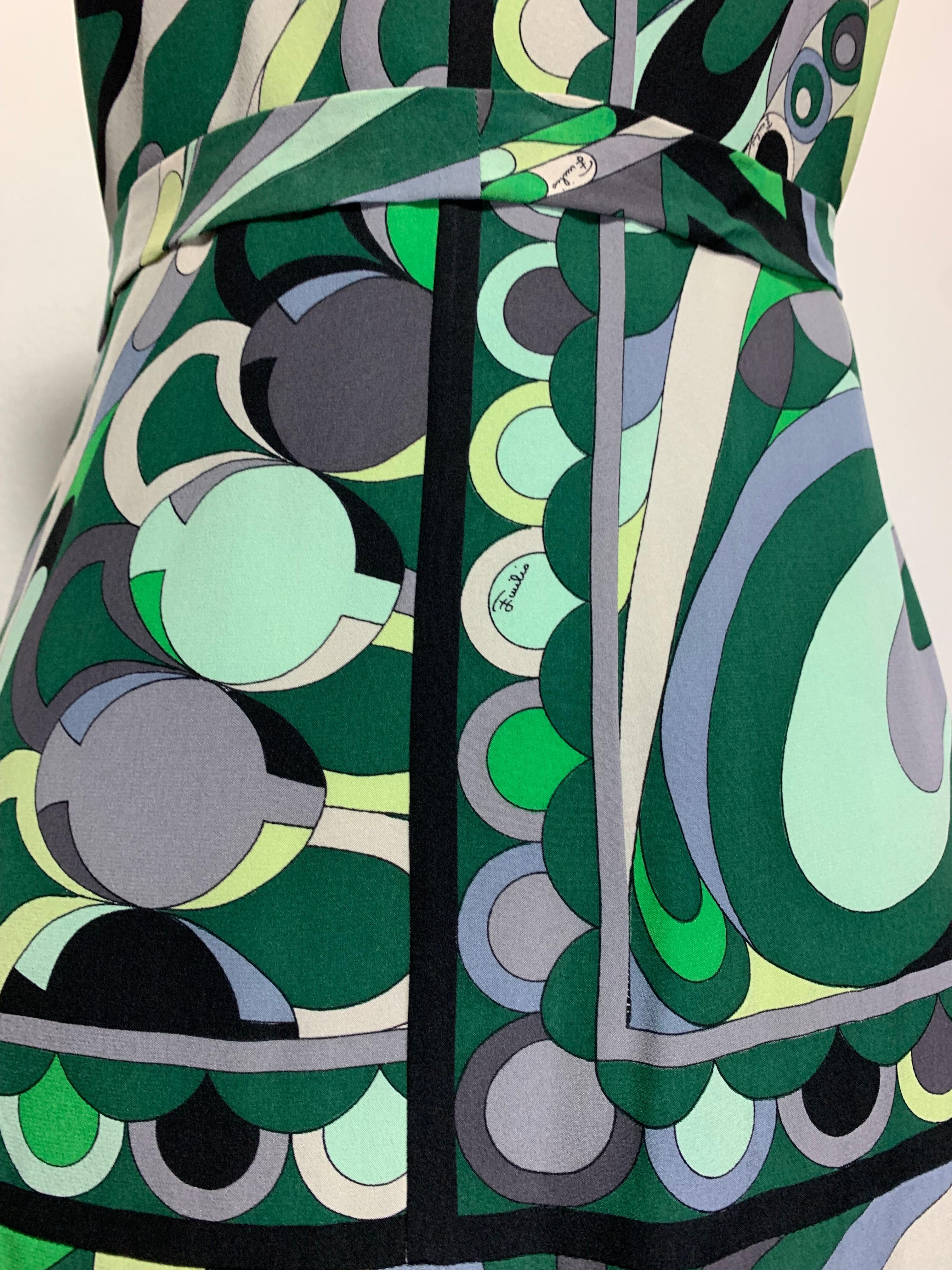1960s Emilio Pucci Mod Print Silk Day Dress in Greens Black & Gray w Wide Collar For Sale 6