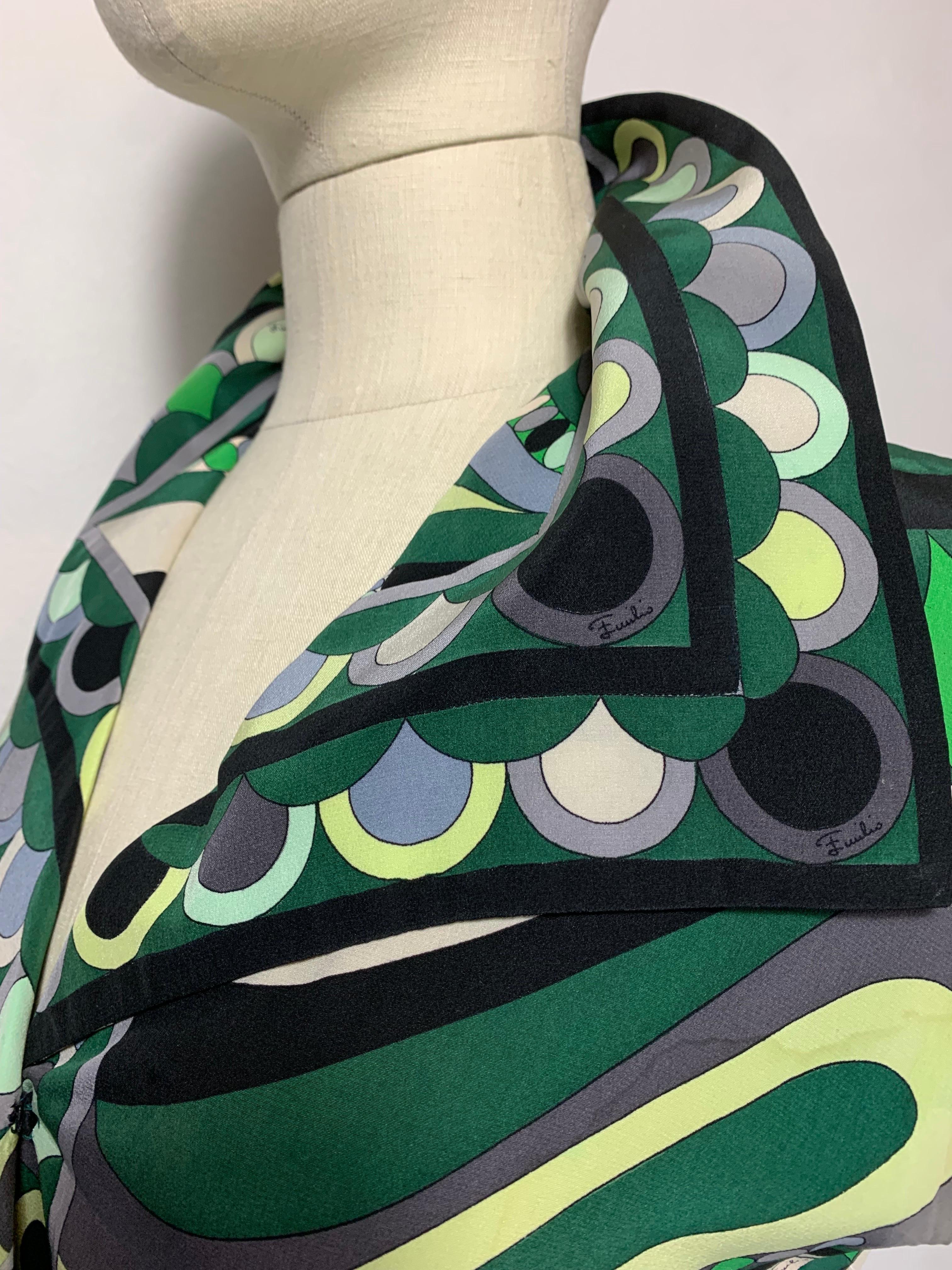 1960s Emilio Pucci Mod Print Silk Day Dress in Greens Black & Gray w Wide Collar For Sale 8