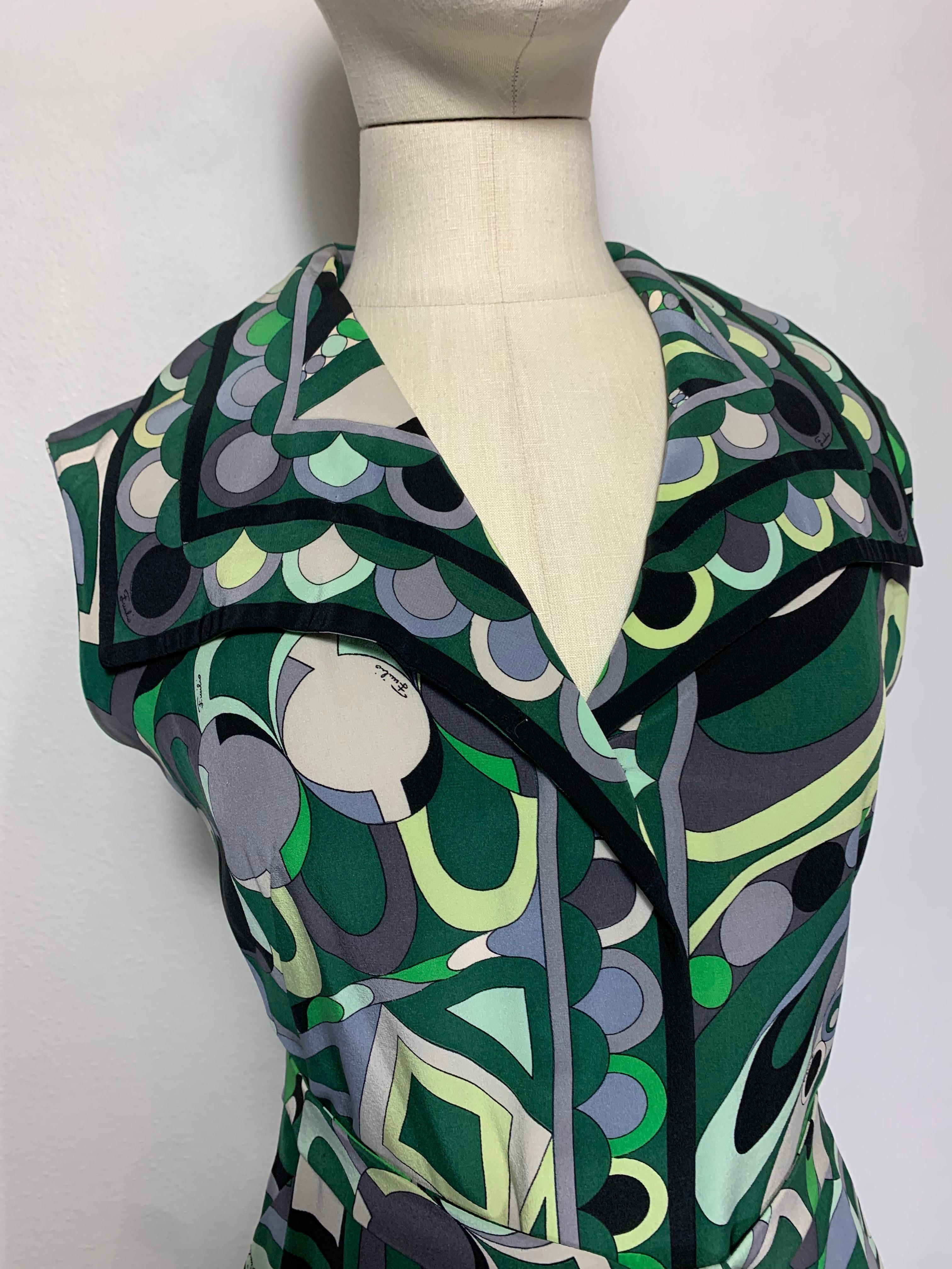 1960s Emilio Pucci Mod Print Silk Day Dress in Greens Black & Gray w Wide Collar For Sale 9