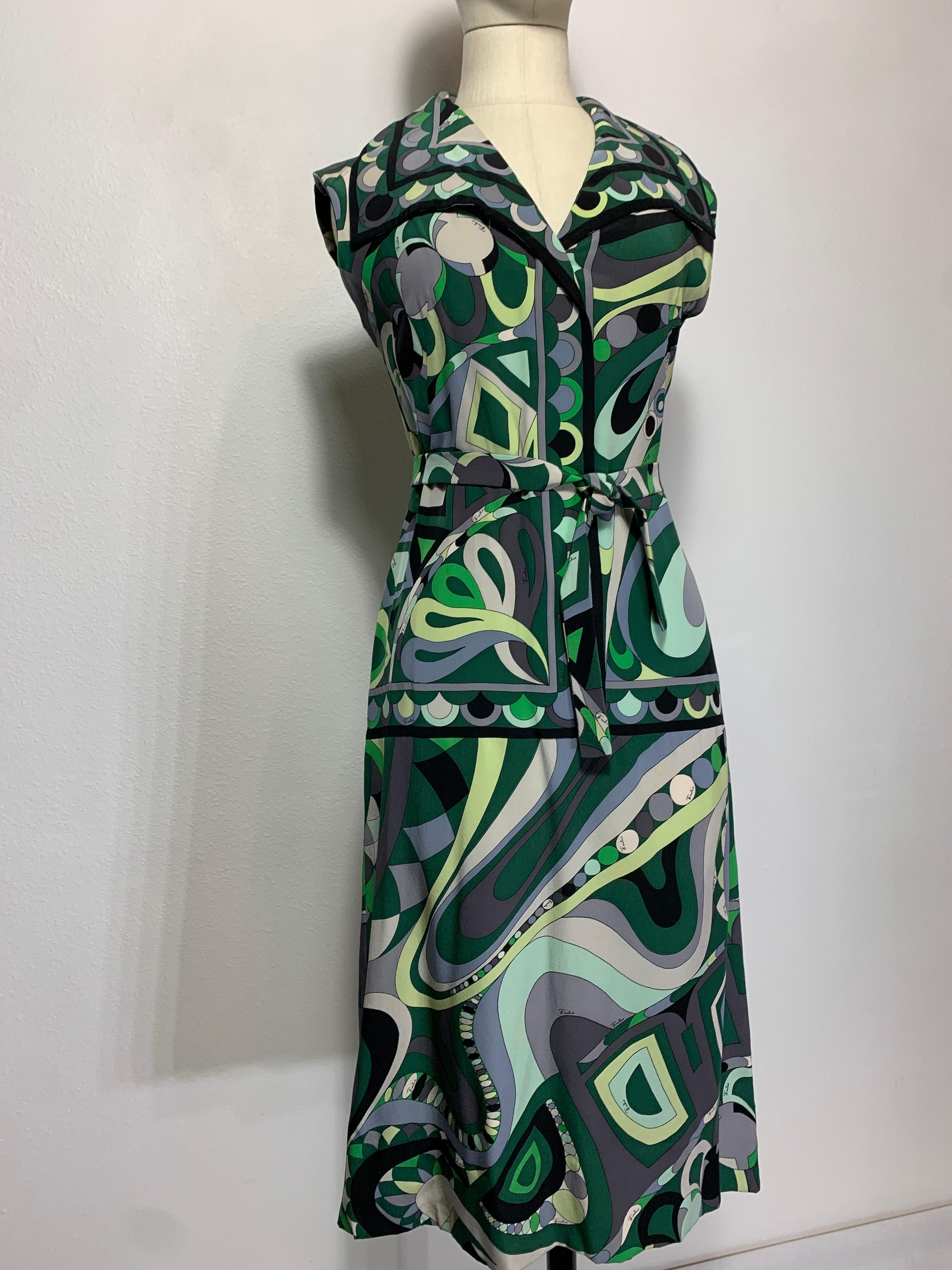 1960s Emilio Pucci Mod Print Silk Day Dress in Greens Black & Gray w Wide Collar For Sale 10