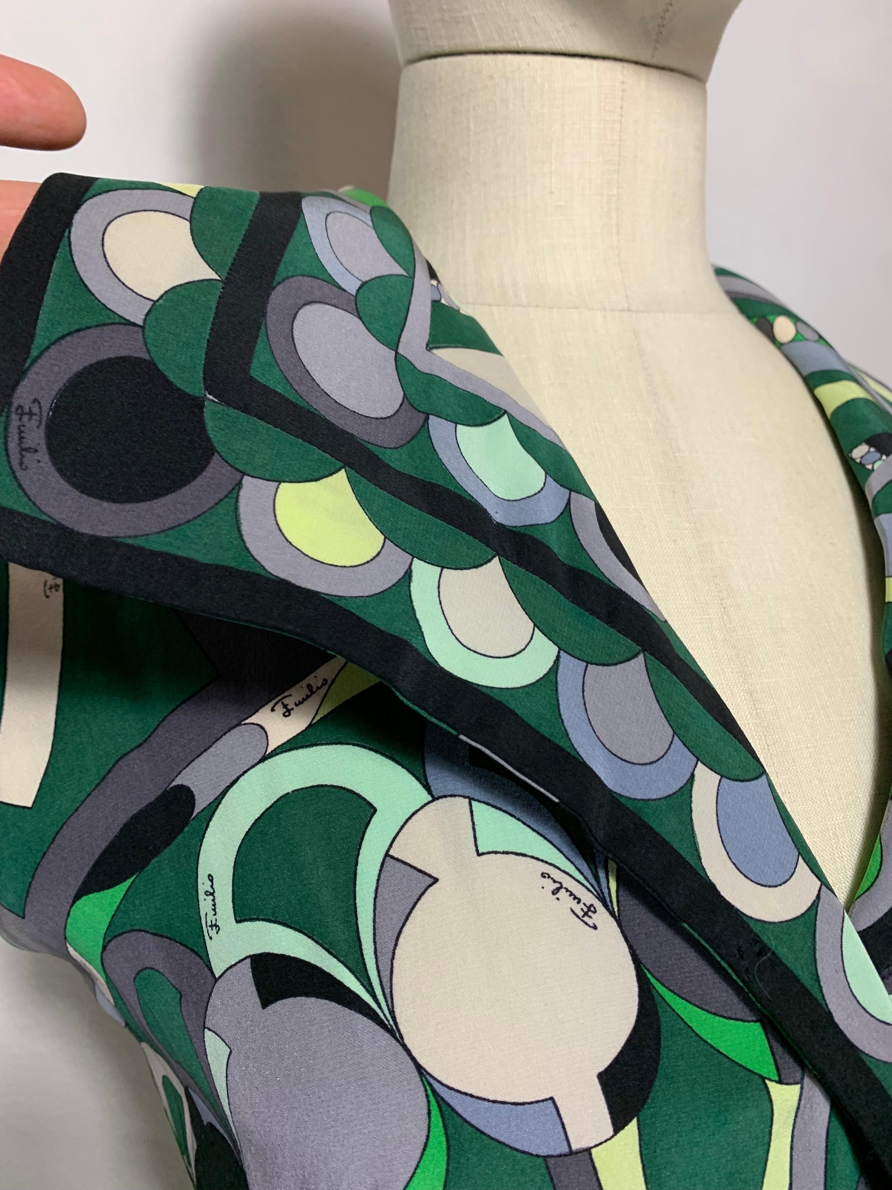 1960s Emilio Pucci Mod Print Silk Day Dress in Greens Black & Gray w Wide Collar For Sale 12