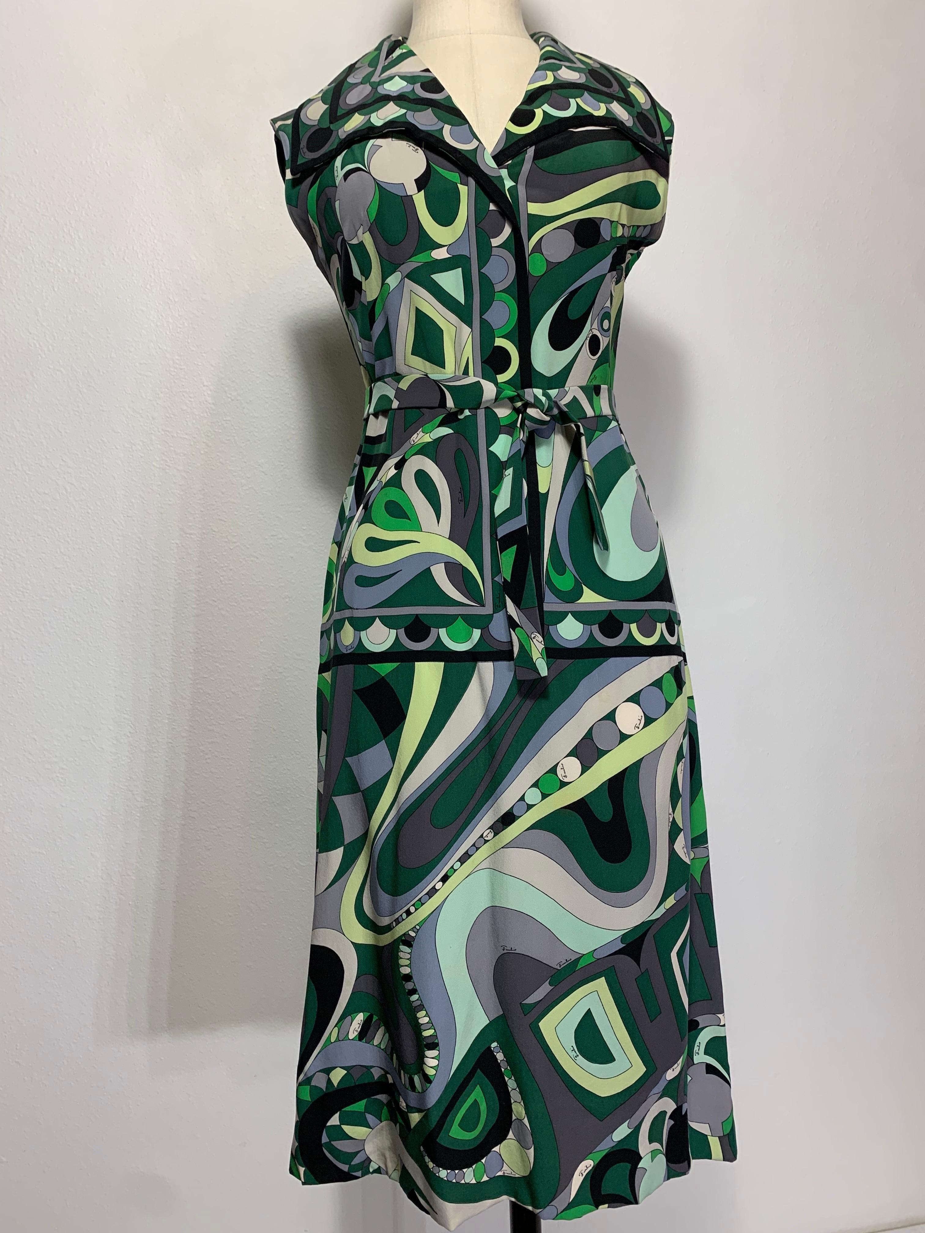 1960s Emilio Pucci Mod Print Silk Day Dress in Greens Black & Gray w Wide Collar For Sale 13