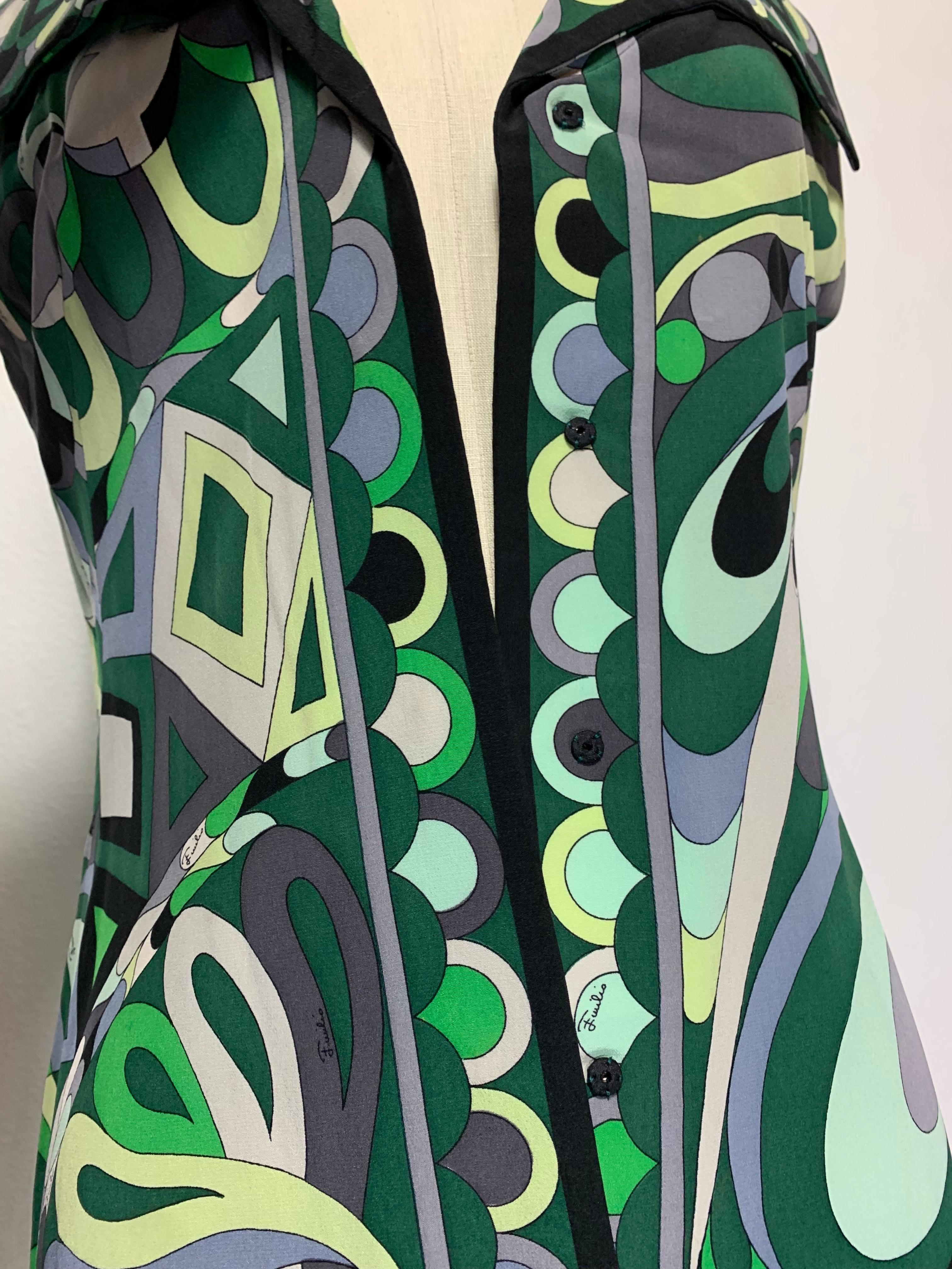 1960s Emilio Pucci Mod Print Silk Day Dress in Greens Black & Gray w Wide Collar For Sale 15