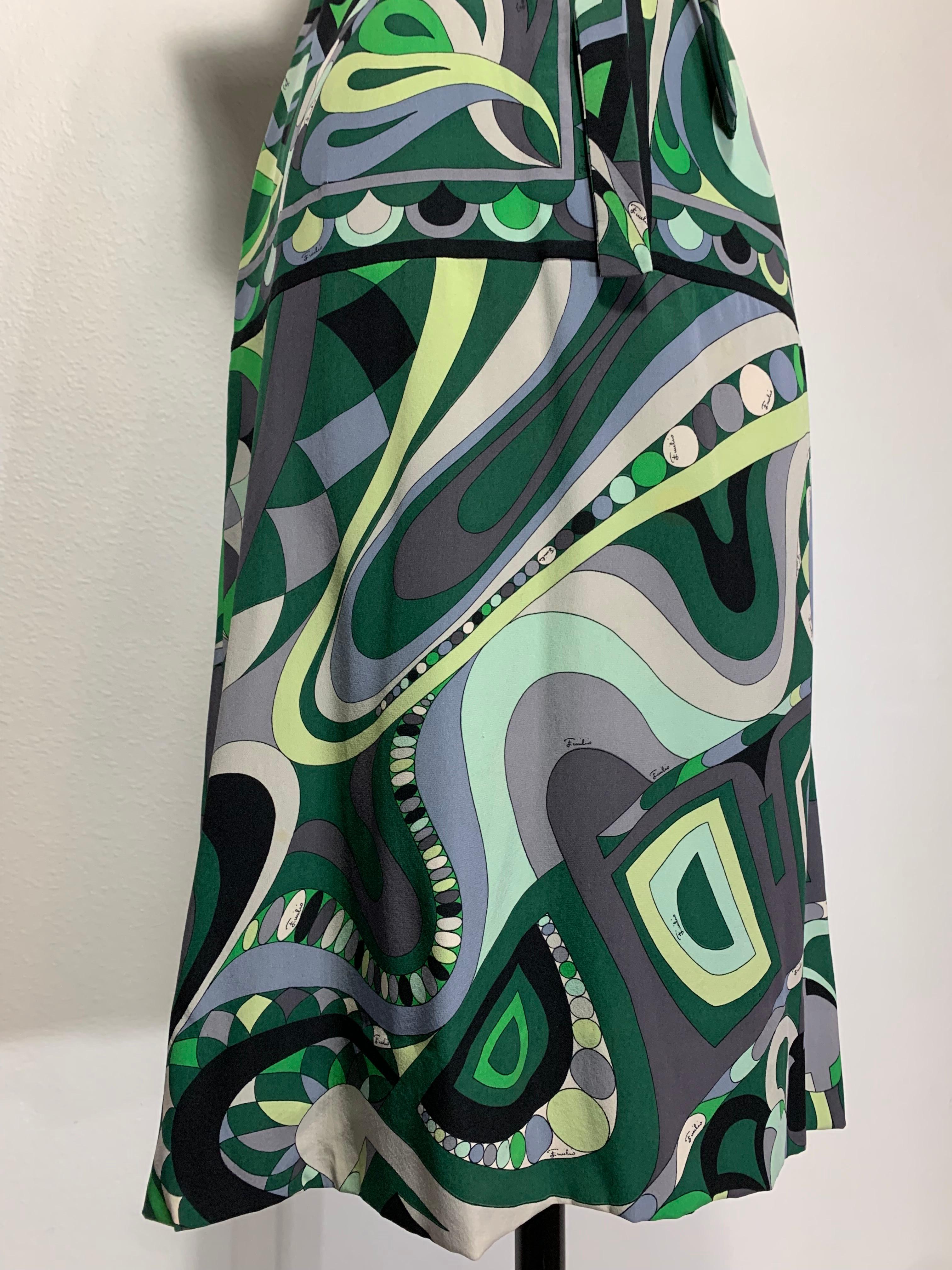 Women's 1960s Emilio Pucci Mod Print Silk Day Dress in Greens Black & Gray w Wide Collar For Sale