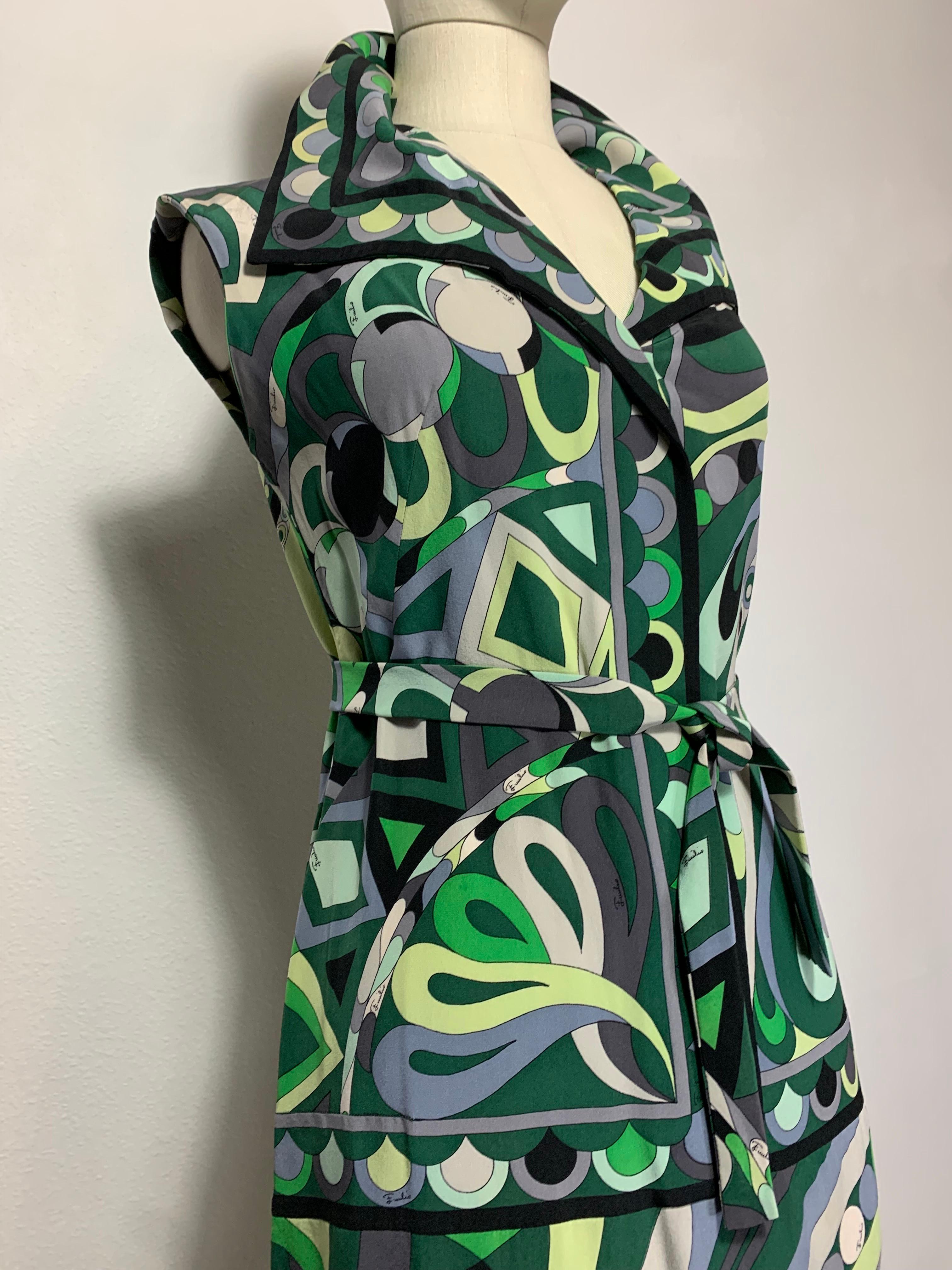 1960s Emilio Pucci Mod Print Silk Day Dress in Greens Black & Gray w Wide Collar For Sale 1