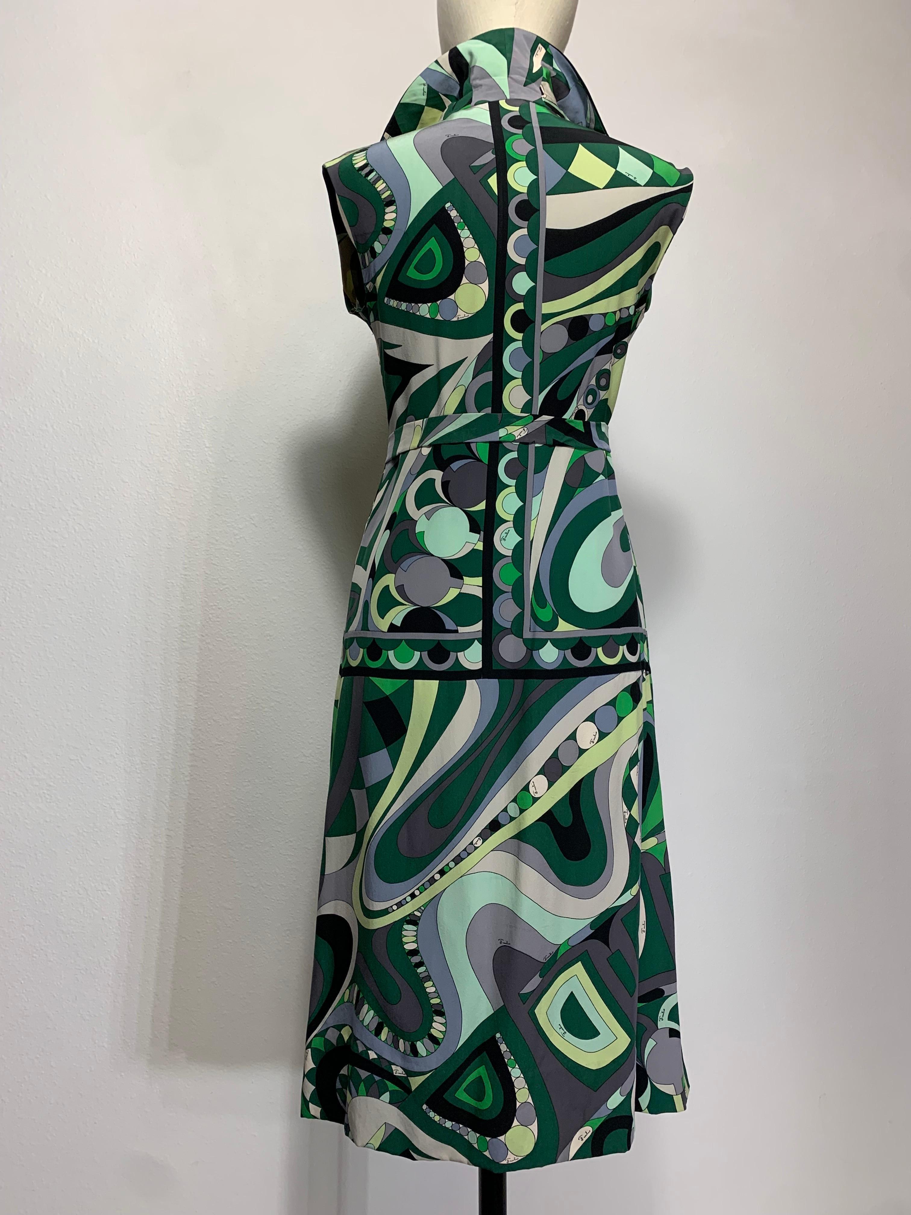 1960s Emilio Pucci Mod Print Silk Day Dress in Greens Black & Gray w Wide Collar For Sale 4