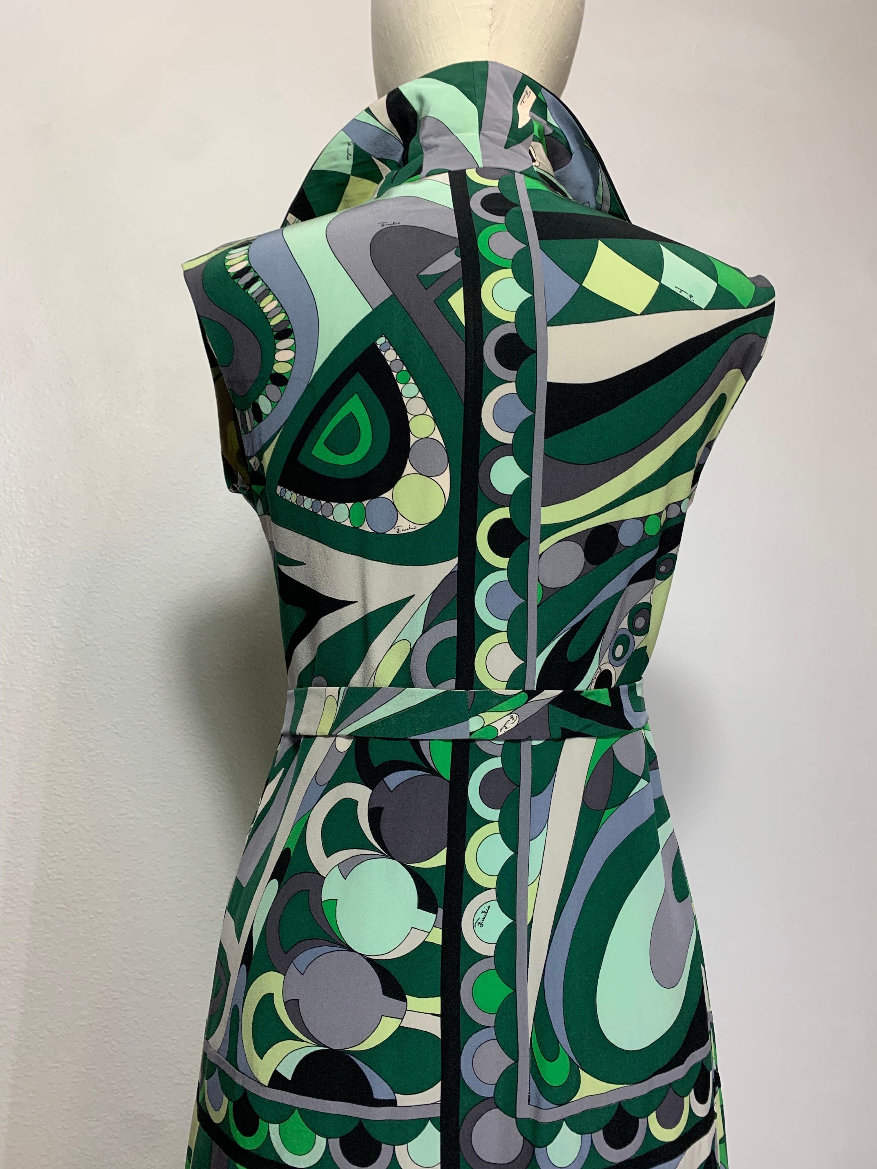 1960s Emilio Pucci Mod Print Silk Day Dress in Greens Black & Gray w Wide Collar For Sale 5