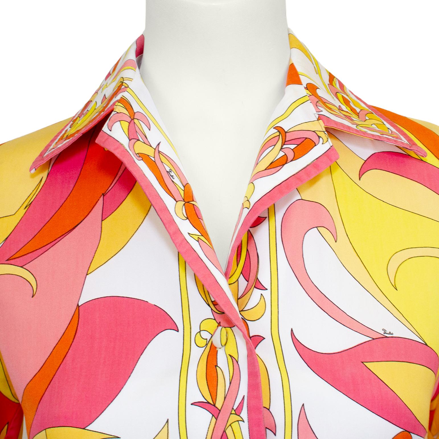 1960er Jahre Emilio Pucci Orange bedrucktes Baumwollhemd Damen im Angebot