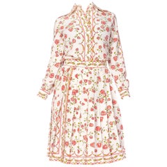 1960S EMILIO PUCCI Pink Floral Silk Blouse & Pleated Skirt Ensemble With Coutu