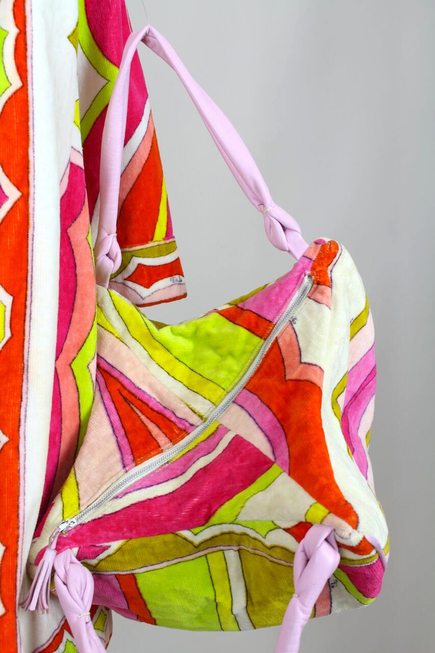 1960s Emilio Pucci Pink, Green, White Terry Cloth Velvet Playsuit & Bag Set 10