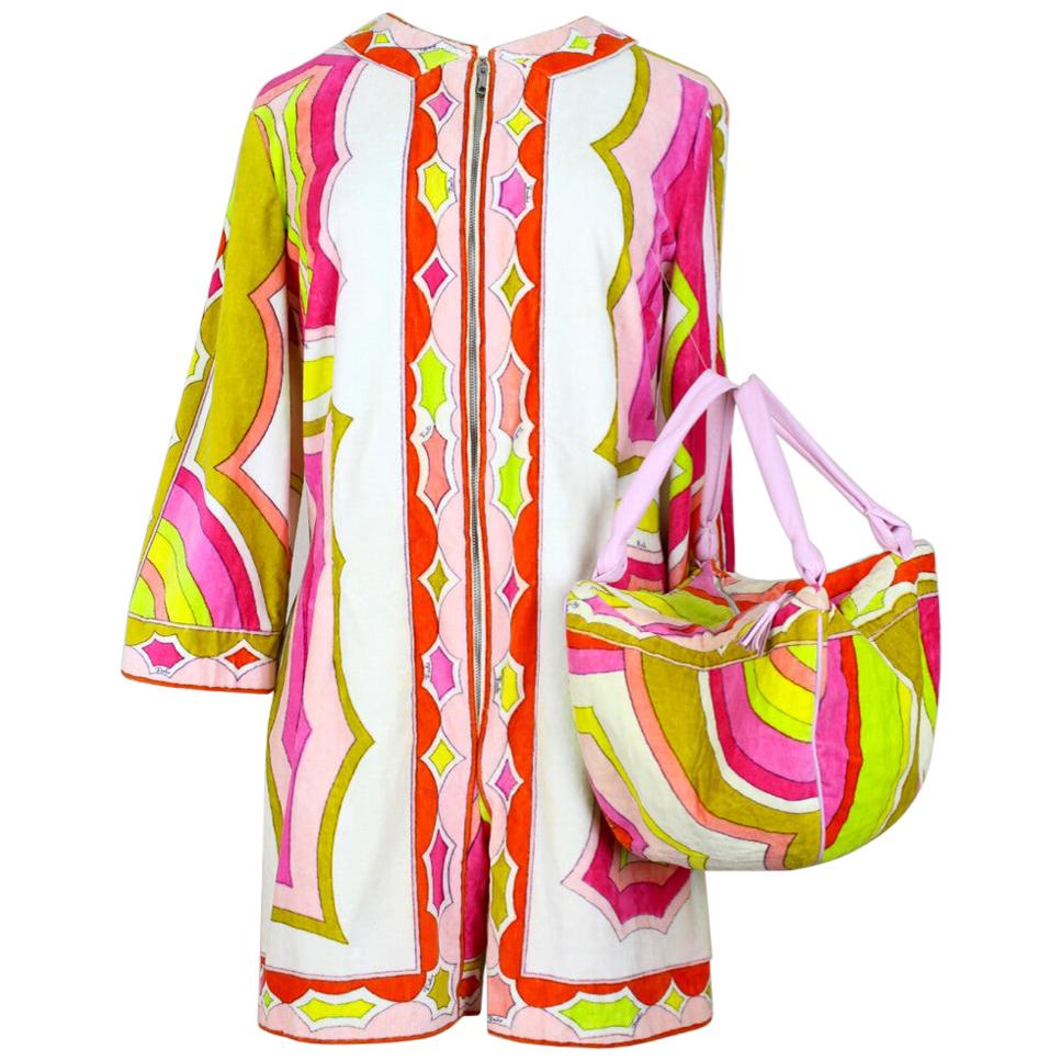 1960s Emilio Pucci Pink, Green, White Terry Cloth Velvet Playsuit & Bag Set