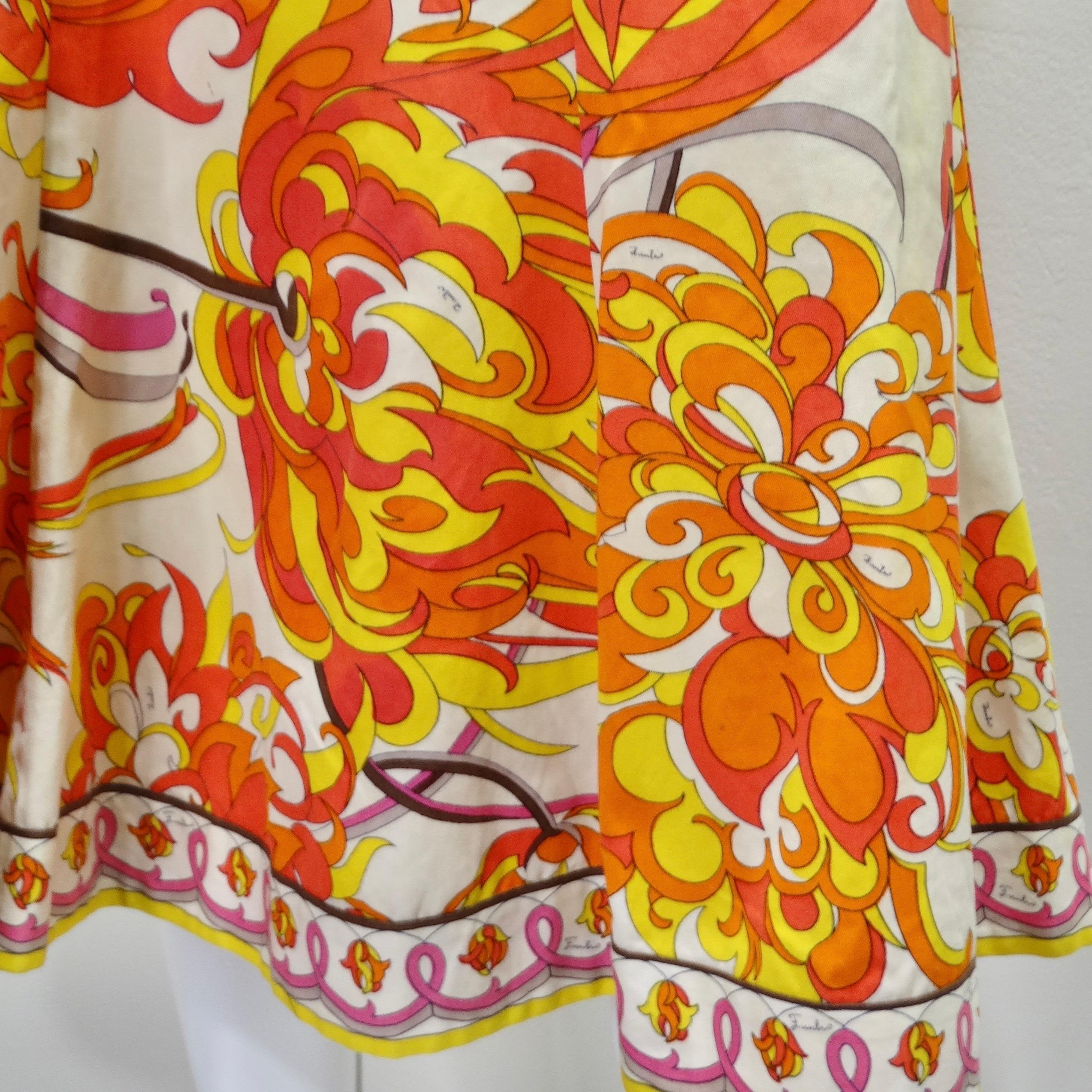 Coming in hot! How fun is this orange and yellow 1960s Emilio Pucci skirt?! This skirt is sooo reminiscent of another era! The perfect summer midi skirt has arrived and this one is a 100% cotton a-line skirt with slash pockets at the hip. The way