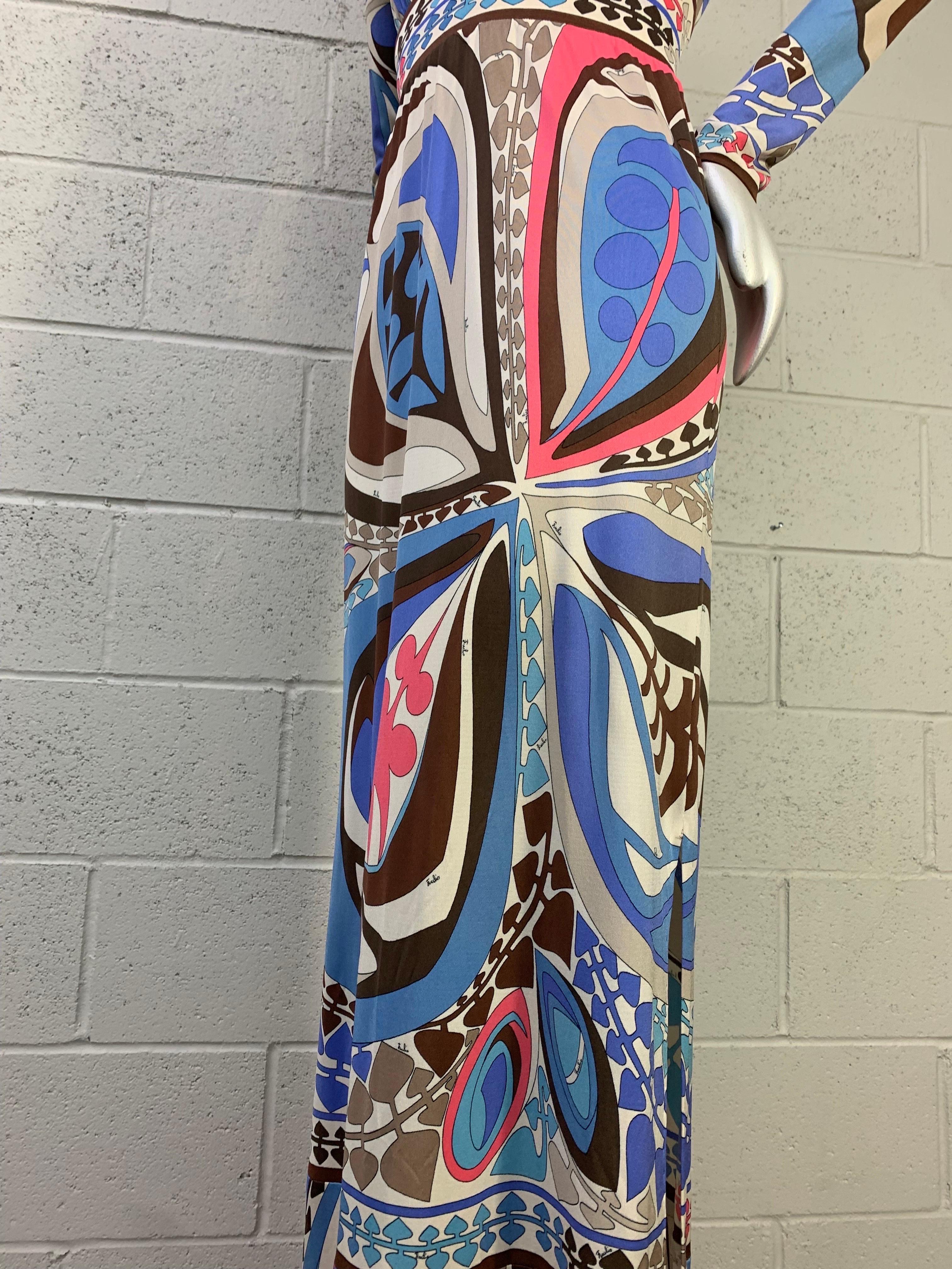 1960s Emilio Pucci Psychedelic Print Maxi Dress / Periwinkle, Pink, Brown Jersey For Sale 4